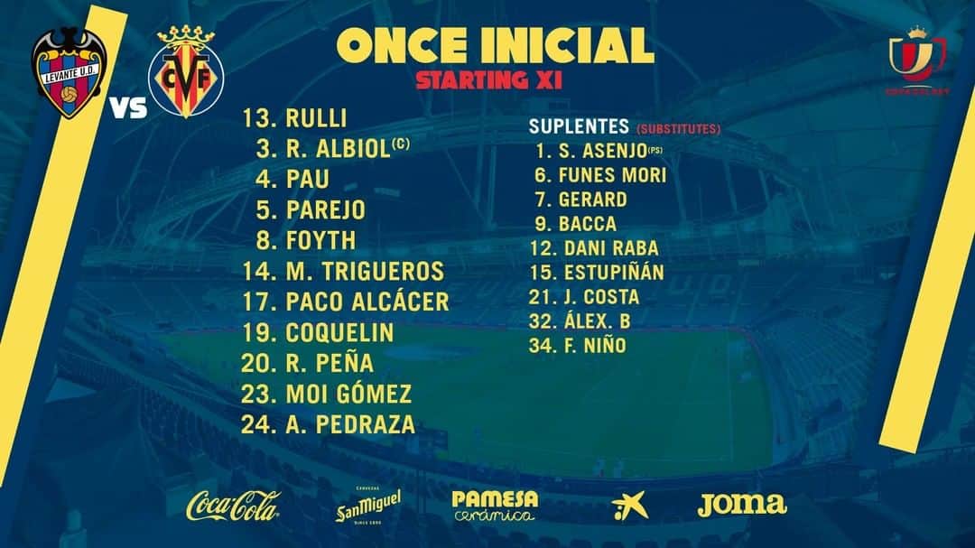 ビジャレアルCFのインスタグラム：「¡Estos son los once groguets que saltarán desde el inicio para buscar el pase a semifinales de la #CopaDelRey 🏆!  ¡💛 VAAAAAMOOOOOS 💛!  👉 @levanteud 🆚 #Villarreal (19.00h, Ciutat de València, en directo por @dazn_es ).  Here are the 11 players who will start as the Yellows look to get through the quarter-finals of the CopaDelRey 🏆!  💛 LET’S GOOOOOOO 💛!  👉 @levanteud 🆚 #Villarreal (7pm CET, Ciutat de València).  #futbol #soccer #football」