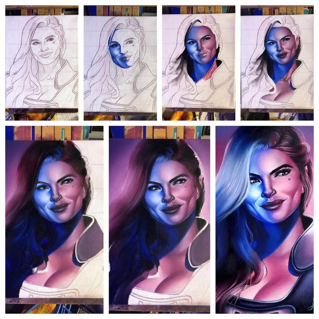 ジーナ・カラーノのインスタグラム：「Loved watching this one transform.. so talented.  @theartofannatswg @thatstarwarsgirl77  💙💜💙💜💙💜  #Repost @theartofannatswg ・・・」