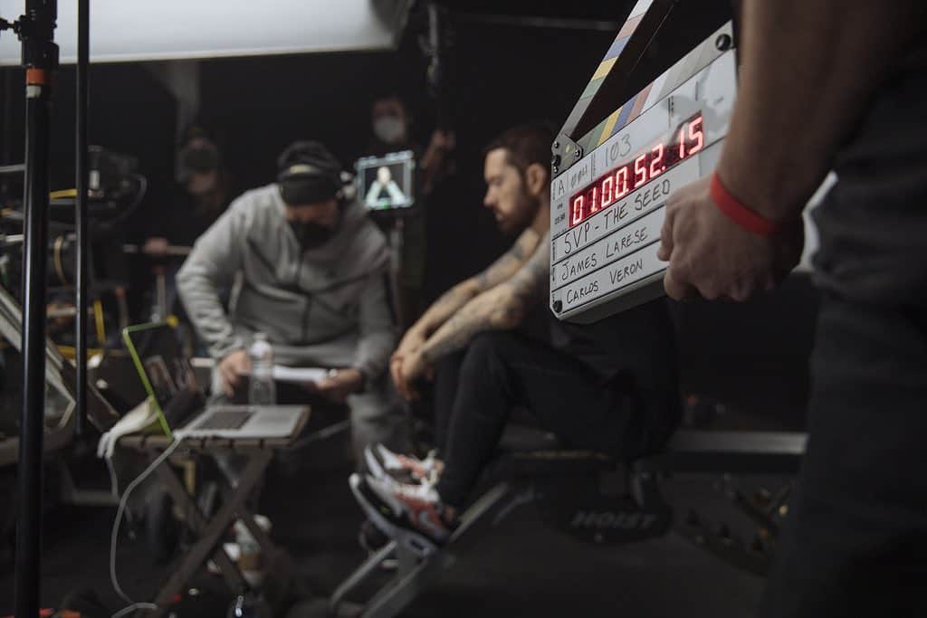 エミネムのインスタグラム：「“And you ain't gon' get there if you watered-down / You gotta take shots with a hundred proof" 🎥 Gallery from the #HIGHER video shoot now up on the site- link in bio | photo credit: @jeremydeputat」