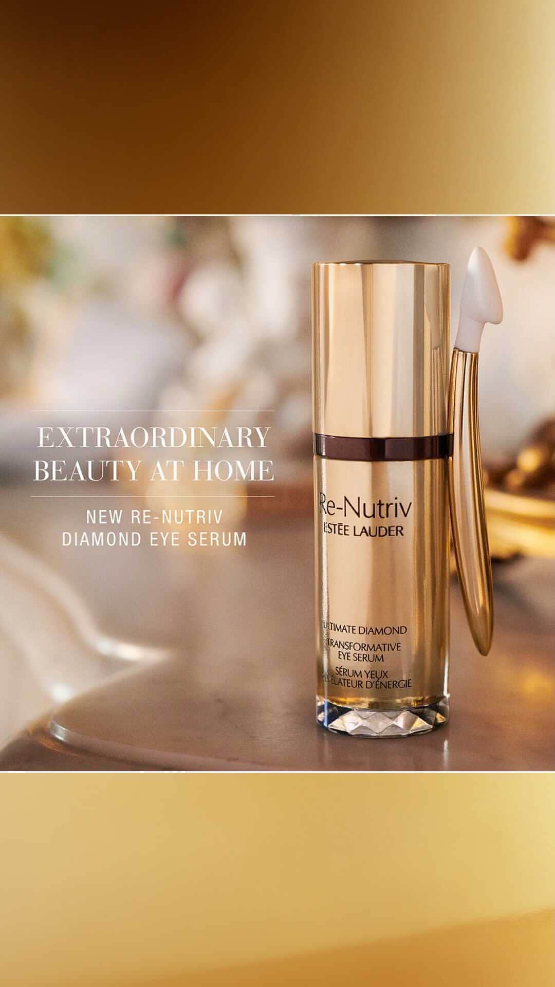 エスティローダーのインスタグラム：「Bring the spa into the comfort of your home with #ReNutriv ✨ #EsteeTeam @createbeautybecca and #EsteeAmbassador @biancabrandolini shows us how to indulge in #ExtraordinaryBeauty using the Re-Nutriv Collection, featuring the NEW Ultimate Diamond Eye Serum ✨」