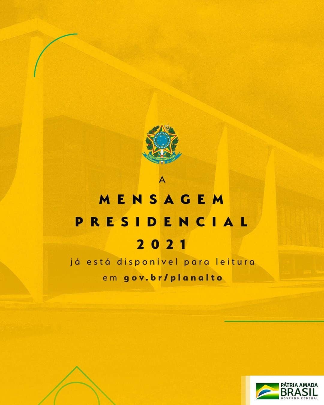 ジルマ・ルセフのインスタグラム：「A Mensagem Presidencial de 2021 foi enviada ao Congresso Nacional nesta quarta-feira (3). O documento reúne ações e projetos de 2020 e aqueles previstos para 2021 em áreas como economia, política social, gestão pública, entre outros pontos importantes na agenda do Governo Federal.  Confira a íntegra da Mensagem Presidencial de 2021 no link do Stories.」