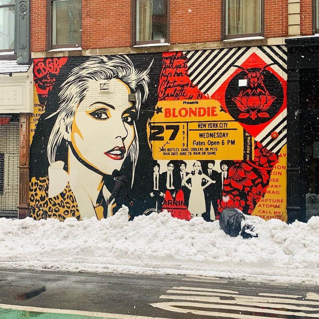 Shepard Faireyのインスタグラム：「I’ve loved Blondie since I was a kid, so it has been great to collaborate with them on some projects including this mural and the package for their “Pollinator” album. This mural is at Bleeker and Bowery downtown NYC, across from the former CBGB’s where Blondie got their start in the ‘70s. I did my first NYC solo art show at the CBGB’s gallery next door to the music venue in 1998, so it is cool that we have some shared history there. By the way, Jonathan Levine, an O.G. punk rocker himself, put that art show together back before he started his own gallery. Thanks Jonathan! -Shepard  Repost & photo by @_chuckbones_ @thecastnyc」