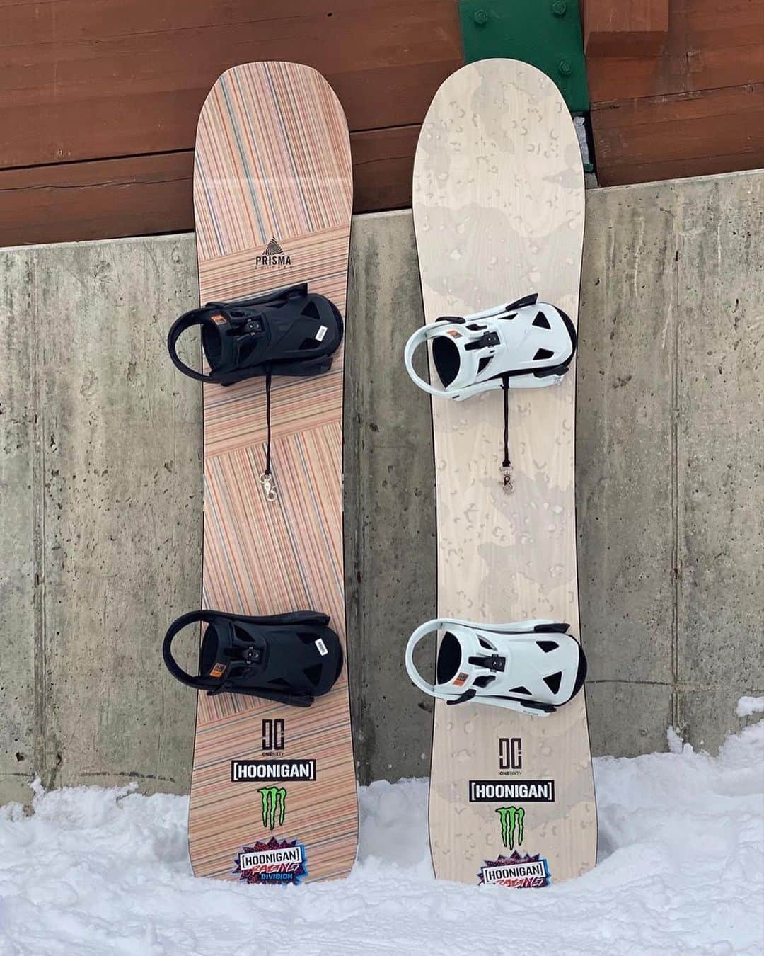 ケン・ブロックのインスタグラム：「New board setups! I just put together these two new boards for this week’s trip to Jackson Hole. The board on the left is the @DCSnowboarding “EMB” (Every Man’s Board) but from the future (winter 2022 season). It’s an artist series collab with Nick Pourfard from @PrismaGuitars. The top sheet design is super rad and made entirely of recycled skateboard decks!! The board on the right is a 2021 “Powder Killer”. Both are set up with the Step On bindings (from Burton) which work with DC’s exclusive Step On snowboard boots - a new combo for me this season which I am really liking. #shredquiver #DCShoes #DCsnowboarding」