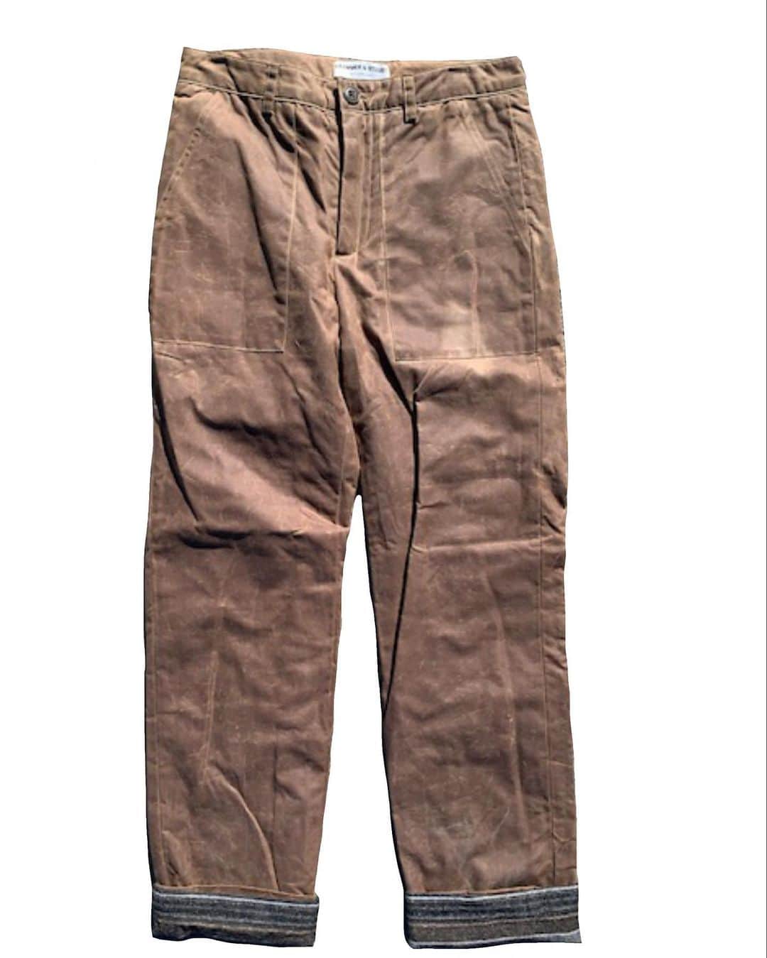 クラマー&スタウトのインスタグラム：「Waxed cotton trouser. Fully flannel lined. 2 front patch pockets. 2 back patch pockets. Button-zip fly. One off shown at Men’s Week fashion show in New York. Goes with the jacket. Size 30 waist 32 inseam.」