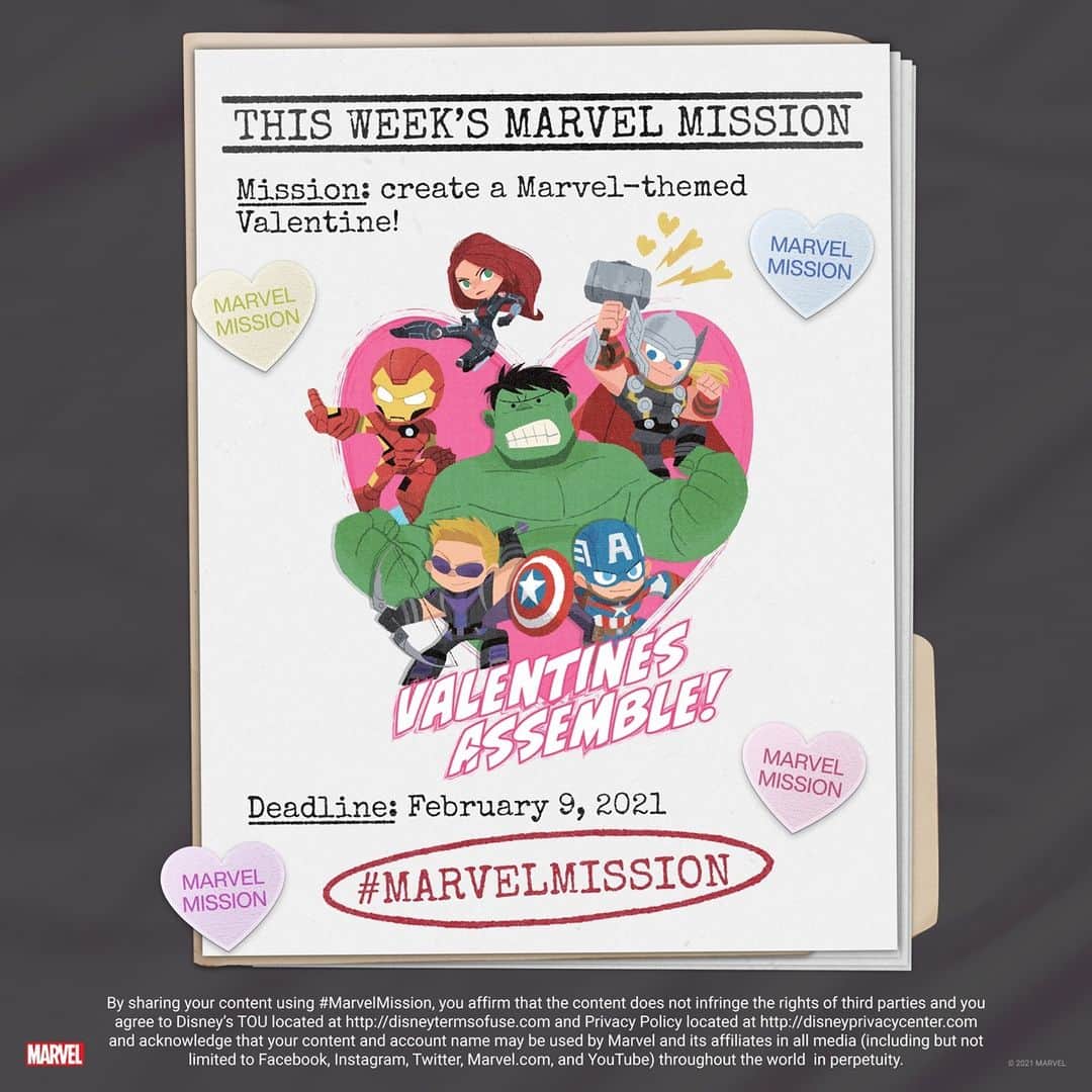 Marvel Entertainmentさんのインスタグラム写真 - (Marvel EntertainmentInstagram)「THIS WEEK'S MISSION: Create a Marvel-themed Valentine!  You have one week to complete your task. Post your photo or video here with the #MarvelMission hashtag for the chance to be featured in our round-up of favorites!」2月4日 10時16分 - marvel