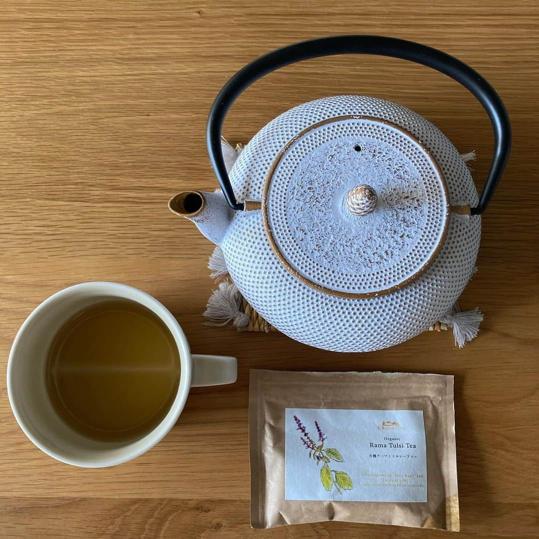 Karinさんのインスタグラム写真 - (KarinInstagram)「Rama Tulsi Tea 有機ラマトゥルシーティー別名ホーリーバジル。 インドの伝統医学アーユルヴェーダでは「不老不死の薬」と呼ばれるそう。  Getしたばかりの南部鉄器カラーポットで頂きました🫖 あー幸せ♡  #良いものを長く #管理栄養士 #南部鉄器カラーポット #健康美容 #arganic #ramatulsi #ayurveda #basil」2月4日 11時18分 - kaorikarin_u