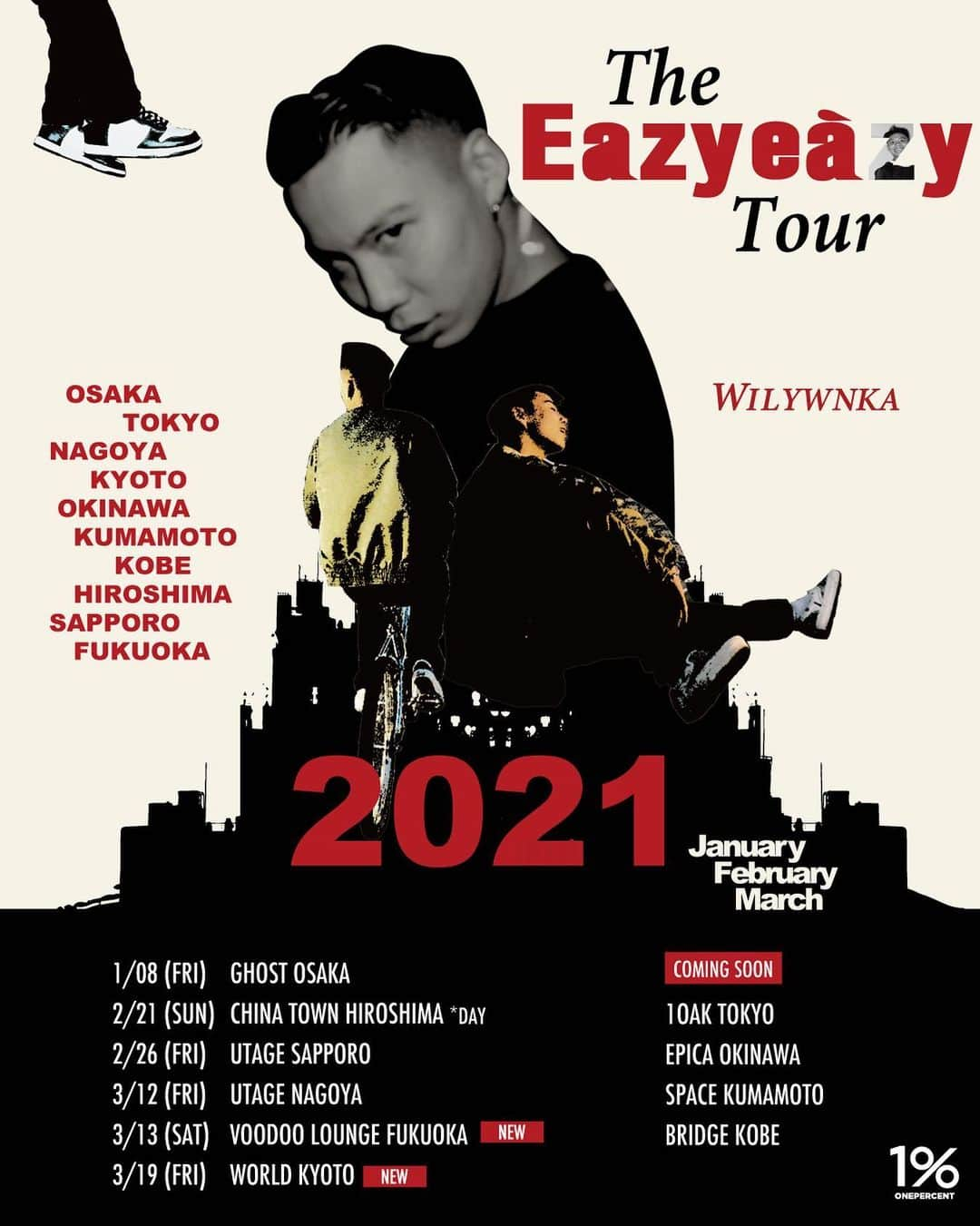 WILYWNKAのインスタグラム：「【WILYWNKA “EAZY EAZY” TOURに関するお知らせ】 2/13(土)沖縄EPICA、2/19(金)熊本SPACE、2/20(土)神戸BridgeへのWILYWNKAの出演は延期となりました。現在日程を調整中ですので決定次第発表させていただきます。また、2/10(水)京都WOLRDでの出演は3/19(金)に変更、3/6(土)福岡VOODOO LOUNGEの出演は3/13(土)に変更となりました。」