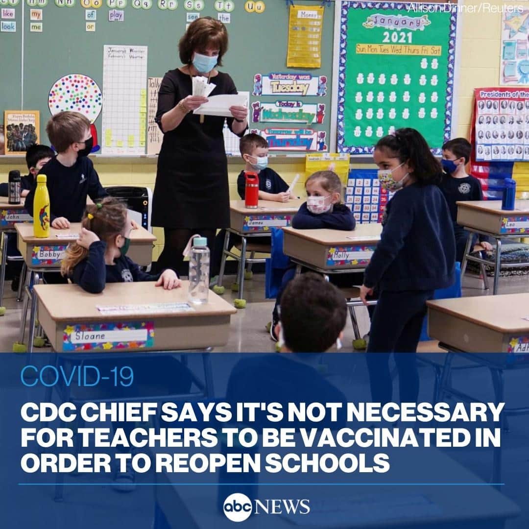 ABC Newsさんのインスタグラム写真 - (ABC NewsInstagram)「"There is increasing data to suggest that schools can safely reopen and that safe reopening does not suggest that teachers need to be vaccinated in order to reopen safely,” CDC Director Rochelle Walensky said Wednesday. MORE AT LINK IN BIO.」2月4日 15時01分 - abcnews