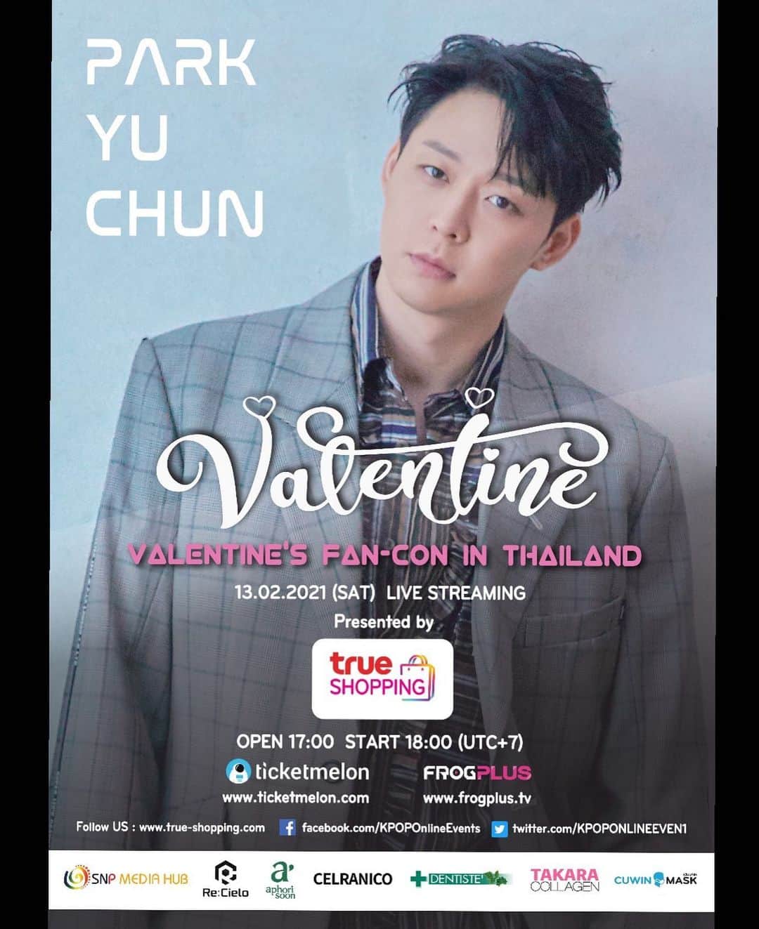 パク・ユチョンのインスタグラム：「"งจากเป็นการแสดงออนไลน์ แฟน ๆ ชาวอาเซียนรวมถึงแฟน ๆ ชาวไทยก็สามารถร่วมสนุกไปกับผมได้นะครับ" 2021 #ParkYuChun Valentine's FAN-CON in Thailand  13 กุมภาพันธ์ 2564 เวลา18.00(UTC+7) น. แล้วพบกันเร็ว ๆ น ~ ======================================================== "Due to the Online FAN-CON, ASEAN fans, including Thai fans, can have fun with me" Are you ready to meet 'ParkYuChun' in #PYCVALENTINEFANCON 13th Feb 2021, 6.00 PM(UTC+7) See You Soon~  #FrogPlus : https://www.frogplus.tv #ticketmelon : https://www.ticketmelon.com/trueshopping/pycvalentineconcert #MD (KPOPOnlineEvents facebook page) : http://bit.ly/2LYy7dV #ยูชอน #trueshopping #snpmediahub」