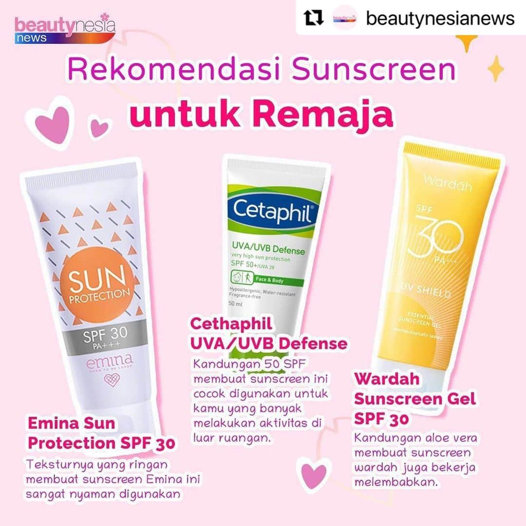 Beauty | Health | Fashionさんのインスタグラム写真 - (Beauty | Health | FashionInstagram)「#Repost Follow @beautynesianews untuk info lebih lengkap 🥰✨ ・・・ Khususnya untuk kamu nih beb yang mulai memasuki masa remaja,  wajib  banget pakai sunscreen! ⁣⁣⁣ ⁣⁣⁣ Alasannya paparan sinar UV bisa membawa efek buruk pada kulit baik dalam jangka pendek dan panjang. Seperti Sunburn, kulit kusam, penuaan dini pada kulit, dan risiko kanker kulit. ⁣⁣⁣ ⁣⁣⁣ Ini dia nih 3 rekomendasi sunscreen yang cocok untuk remaja versi Beautynesia News: ⁣⁣⁣ ⁣⁣⁣ ✨Emina Sun Protection SPF 30⁣⁣⁣ ✨Cethaphil UVA/UVB Defense ⁣⁣⁣ ✨Wardah Sunscreen Gel SPF 30⁣⁣⁣ ⁣⁣⁣ Sunscreen favorite kamu yang mana nih beb ?⁣ ⁣ —⁣ #BeautynesiaNews #Glowing2021 #TipsCantik #TipsKecantikan #Skincaremurah #Kulitkering #kulitberminyak #kulitsensitif #urutanskincare #rekomendasisunscreen #tipskincare #morningskincareroutine #skincarerutin #jeniskulit #kulitkombinasi #skincaredirumahaja #sunscreenmurah #skincarekulitberminyak #kulitkusam #mencerahkanwajah #makeuppemula #perawatankulitberminyak #kulitgosong #KulitCerah #sunscreenlokal」2月4日 17時34分 - beautynesia.id