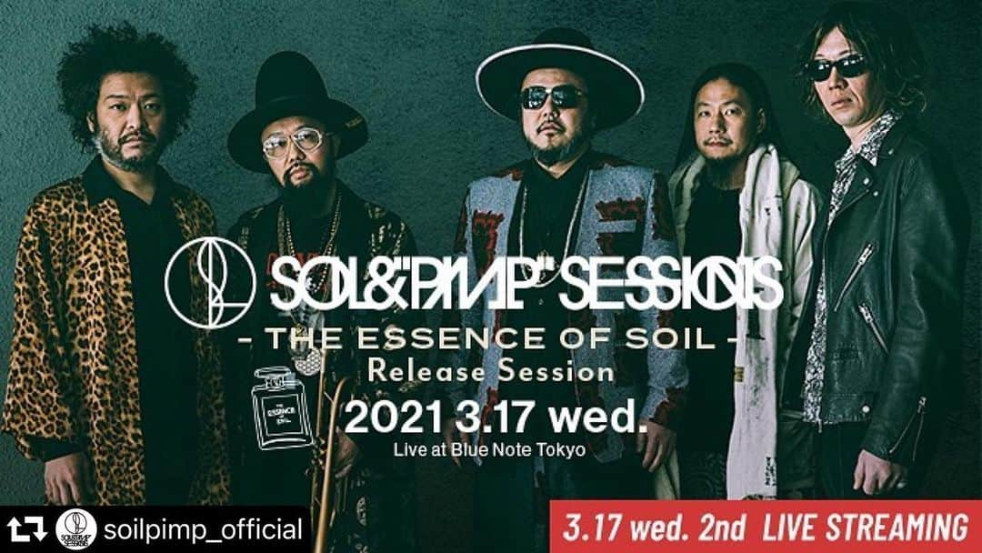 社長さんのインスタグラム写真 - (社長Instagram)「#repost @soilpimp_official ・・・ ★3/17（水）-THE ESSENCE OF SOIL- Release Session@ブルーノート東京開催決定！！★  初のJAZZカバー作品となるミニアルバム『THE ESSENCE OF SOIL』の発売日である3月17日に、ブルーノート東京でリリースパーティー”-THE ESSENCE OF SOIL- Release Session”を開催することが決定！ ソイルにとっては過去定期的にライブを行なっているおなじみの会場！  そんなおなじみの会場からソイルの源流を辿るミニアルバムからいち早くライブという形で初披露！ さらに2nd Stageではオンラインでの配信も予定してます！ ソイルのサウンドを生み出した“核”に触れるリリース・セッションを是非体感してください！！  ---------------------------- SOIL&"PIMP"SESSIONS -THE ESSENCE OF SOIL- Release Session  2021/03/17(wed.) 会場：ブルーノート東京  Open/Start [1st]17:30 / 18:30 [2nd]20:30 / 21:15  ※2nd Stageのみインターネット配信(有料)実施予定 ※アーカイブ配信視聴期間：2021/3/20(sat.)23:59まで ※アーカイブ配信の内容はライヴ配信と異なる場合がございます。予めご了承ください。  ＜MUSIC CHARGE＞ [会場でのご観覧] ￥7,500（税込）  [配信でのご観覧]　※2nd Stageのみ 一般：￥3,000（税込） Jam Session会員：￥2,000（税込）  【ブルーノート東京HP】 http://www.bluenote.co.jp/jp/artists/soilandpimp-sessions/  @bluenotetokyo  #ブルーノート東京  #bluenotetokyo  #soilandpimpsessions  #soil  #theessenceofsoil」2月4日 18時40分 - shachosoilpimp