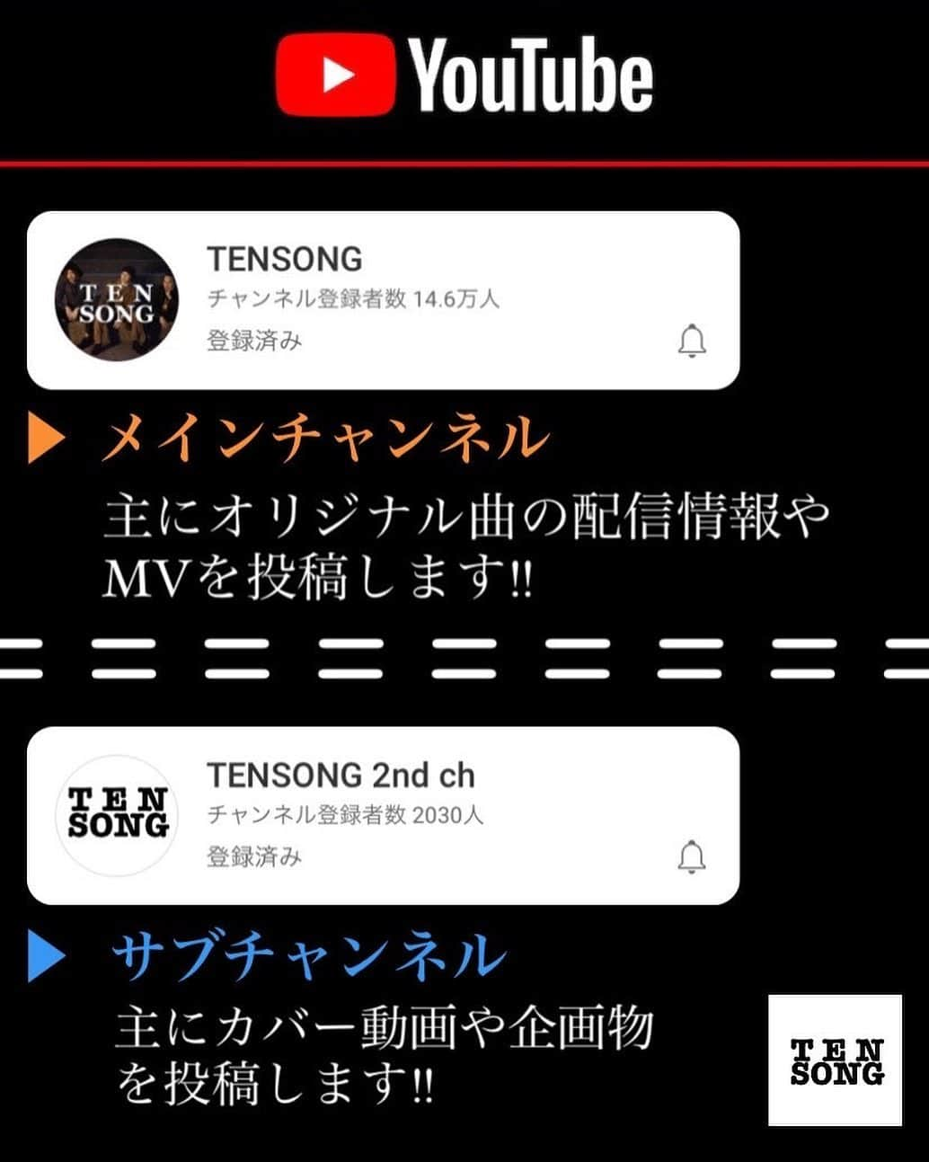 TENSONGさんのインスタグラム写真 - (TENSONGInstagram)「【お知らせ】  皆様こんにちは☺︎ いかがお過ごしでしょうか？ 実は、僕達から大切なご報告があります‼︎  現在TENSONGの『YouTube』には、 ▶︎ TENSONG ▶︎ TENSONG 2nd ch の2つチャンネルがあります。  《TENSONG》 主にオリジナル曲の配信情報やMVを投稿する予定です。 《TENSONG 2nd ch》 主にカバー動画や企画動画を投稿する予定です。  今年はどちらのチャンネルも扱っていこうと思います‼︎絶対にチャンネル登録しといて下さい。後悔させません✌︎😁 ストーリーの方にサブチャンネルのリンクを貼っています。是非Swipe upして登録お願い致します🙇‍♂️🙇  今はコロナの影響もあり、皆さん外に出られない日が続いていると思います。 ですが！！！ 僕達が元気を届けられるような動画をこれからも投稿していきますので、応援の程よろしくお願いしますね🙌  TENSONG一同  #tensong #youtube #sing #song #guitar #beatbox #music #original #cover #duet #instagood #instalike #instamusic #歌 #歌ってみた #歌動画 #弾き語り #オリジナル #カバー #バンド #デュエット #ギター #アコギ #ボイパ #ハスキーボイス #ハスキー男子 #たか坊 #拓まん #アルフィ」2月4日 20時00分 - 10song_official