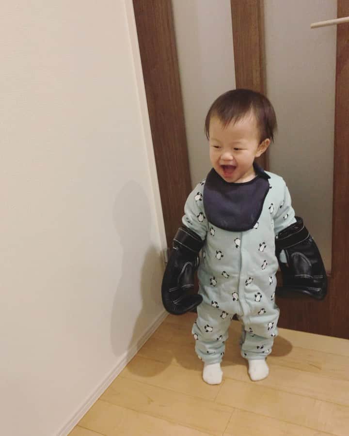 高見まなみのインスタグラム：「お風呂上がりに戦う1歳男子。 グローブも自分でつけて。 パパと長男の影響、おそろしや、、  #1歳6ヶ月  #パンチンググローブ」