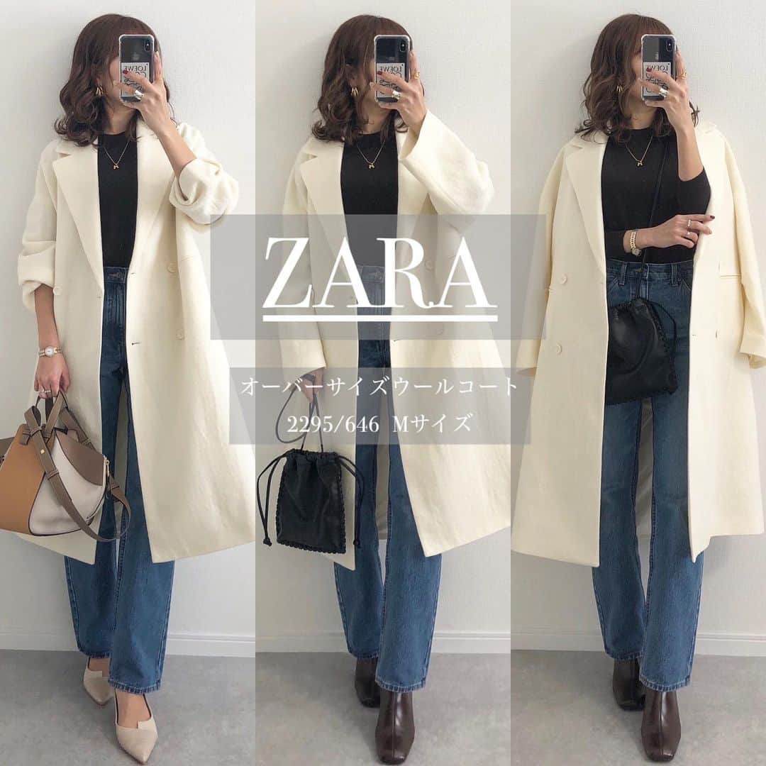 Miyoのインスタグラム：「【ZARA購入品🤍】﻿ ﻿ スワイプ▷▷▷﻿ ﻿ ZARAでサラッと羽織れる﻿ ウールコートを発見🥰﻿ 普通の冬コートよりも生地が薄いので﻿ とても軽くて動きやすいです♡﻿ 車移動が多いのでこれくらいがちょうどいい♪﻿ ホワイトのアウターを着ると気分も明るく﻿ なりますね♡﻿ ﻿ ﻿ ユニクロニットは年末に買っていたもの🤣﻿ 今は値下げ価格になってました！﻿ ダークブラウンのSサイズを着ています🤎﻿ ﻿ ﻿ ﻿ ﻿ オーバーサイズウールコート…#ZARA﻿ エクストラファインメリノクルーネックセーター…#UNIQLO men's﻿ レギュラーフィットストレートジーンズ…#ユニクロ#UNIQLOU﻿ パンプス…#楽天roomに載せてます﻿ ブーツ… @reedit_official﻿ バッグ…#loewe#vasic﻿ ピアス・ネックレス…#ザラ﻿ ﻿ ﻿ ﻿ #ザラジョ#ザラコーデ#ザラジョコーデ#ZARA購入品#ザラ購入品#zarawoman#zaradairy#zaranewin#zara fashion#zarastyle#コート#ママファッション#ママコーデ#プチプラコーデ#プチプラファッション#ユニクロコーデ#ユニクロユー#ロエベ#ハンモック#loewebag﻿ ﻿ ﻿ ﻿ ﻿」