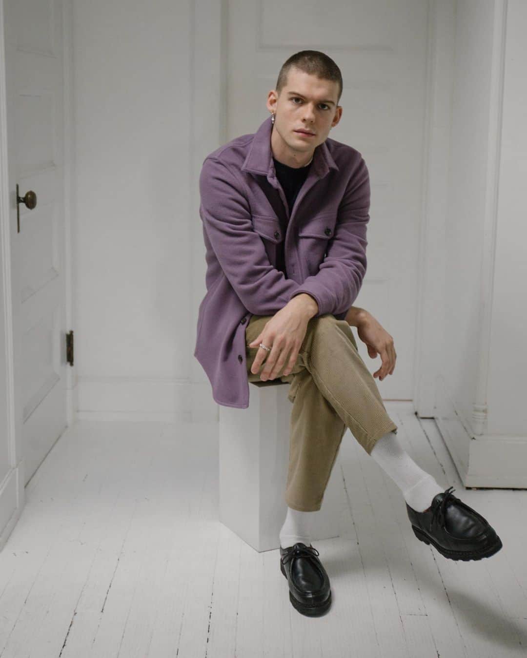 のインスタグラム：「The Double Pocket Shirt Jacket, our take on a classic work shirt, is pictured here in Plum – a deadstock USA made wool coating fabric. We only made a few due to the limited nature of this fabric and it’s nearly sold out.」