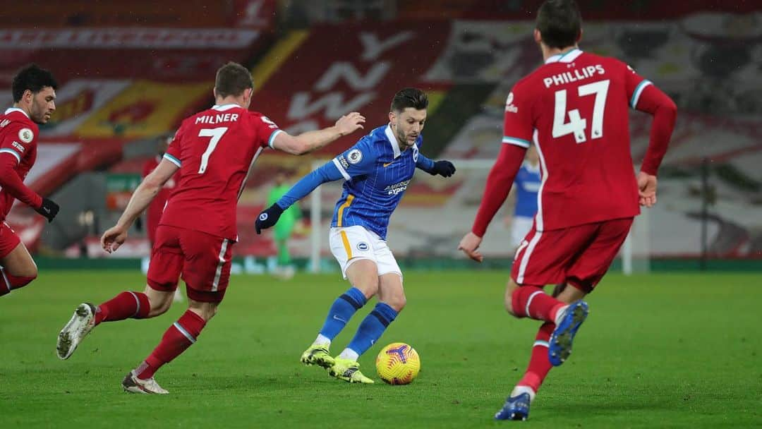 アダム・ララーナのインスタグラム：「To beat the Premier League champions you need a performance that’s close to perfect... the boys did that last night 🔵⚪️ It was a privilege to be back at a place that is so special to me and to see people who will always be family ❤️ As the saying goes, “form is temporary, class is permanent.” This Liverpool side is a class act in every respect 💪🏻 #BHAFC #YNWA」