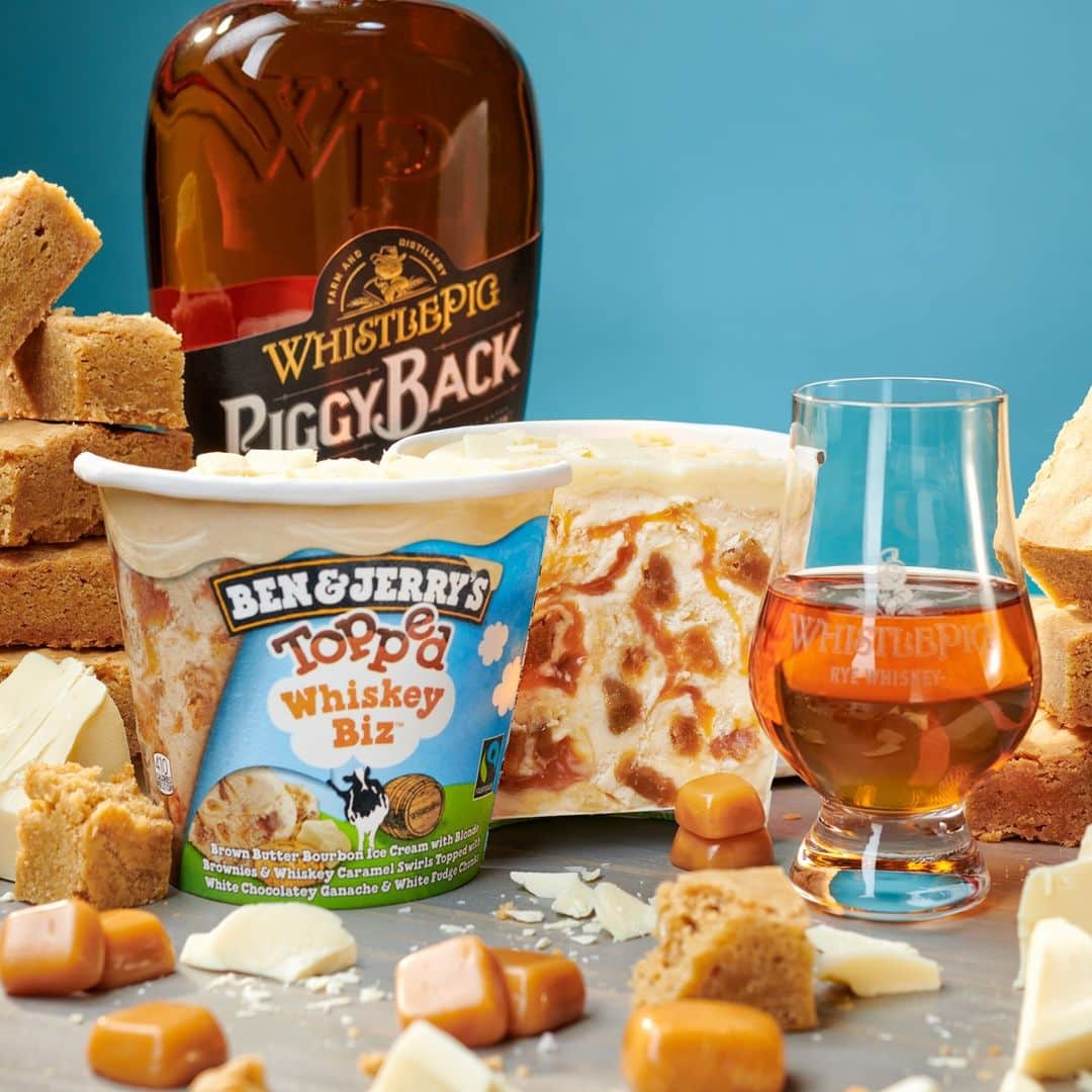 Ben & Jerry'sのインスタグラム：「Well this is pretty neat. We've teamed up with fellow Vermonters @whistlepigwhiskey to make Whiskey Biz Topped, one of 7 new Topped flavors! Link in bio.」