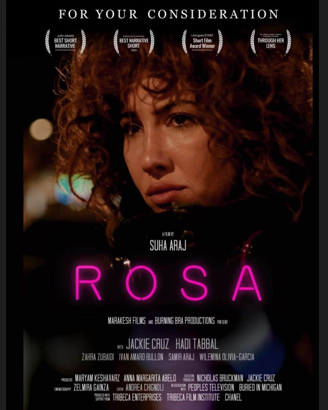 ジャッキー・クルーズのインスタグラム：「Rosa has been such a beautiful ride with so many talented people giving their heart to this film, I’m so happy to share that we are Oscar qualified. Voting wraps tomorrow so tell your academy friends that ROSA is For Your Consideration ❤️  Starring Jackie Cruz, Hadi Tabbal, Zahra Al Zubaidi and my Baba aka Sammy  Thank you to my unstoppable producers, Maryam Keshavarz and Anna Margarita Albelo and our whole team who brought their whole hearts. ❤️  Winner: Woodstock Maverick Award, Best Short Narrative 2020 Winner: Best Narrative Short and the Liongate/Starz Short Film Award 2020 Winner: Blackstar Jury Award, Best Short 2020  Jury Comment: The filmmaker handles the punitive burdens faced by immigrants with wit, spectacular performances and unlikely connections between characters. It’s a film that moves through politically charged emotions with cinematic grace.  Jury Statement: Rosa represents a female voice we haven't heard before, and takes us on a journey with a female character that we also haven't seen before. The film blends formal assurance with depth and strength in the performances, balancing subject matter as disparate as flowers and corpses, but still speaking with total tonal confidence. Rosa's narrative integrity as a short made it stand out, and it always kept us intrigued, by veering off in directions we never anticipated or expected.」
