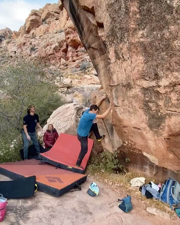 アレックス・オノルドのインスタグラム：「Two videos of one fun problem in Red Rock (The Swoop labeled as V10 in the book but probably easier for someone my size, but pretty scary because of the movement and landing..) - @kwhale123 with the movie making magic, @_owenwhaley_ with the spotting and sending, @realrockgirl with the support, and @sannimccandless making sure that no one rolled down into the hole of doom.」