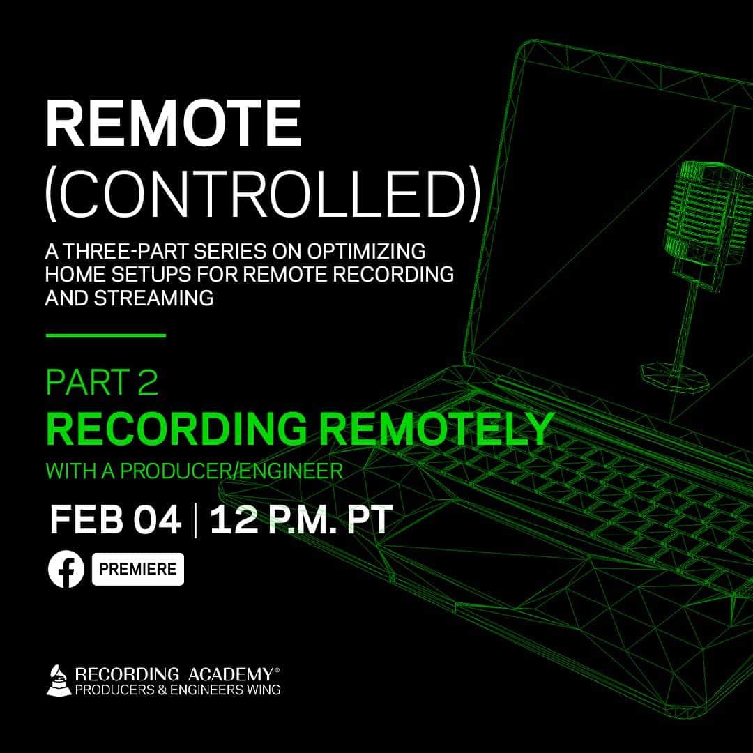 The GRAMMYsさんのインスタグラム写真 - (The GRAMMYsInstagram)「Remote (Controlled) Part 2 will outline best practices for artists, producers, and engineers engaging in remote collaborations and explore new technologies for remote recording.  Tune in today Feb 4 at 12 PM PT on our Facebook Page. 📲」2月5日 3時37分 - recordingacademy