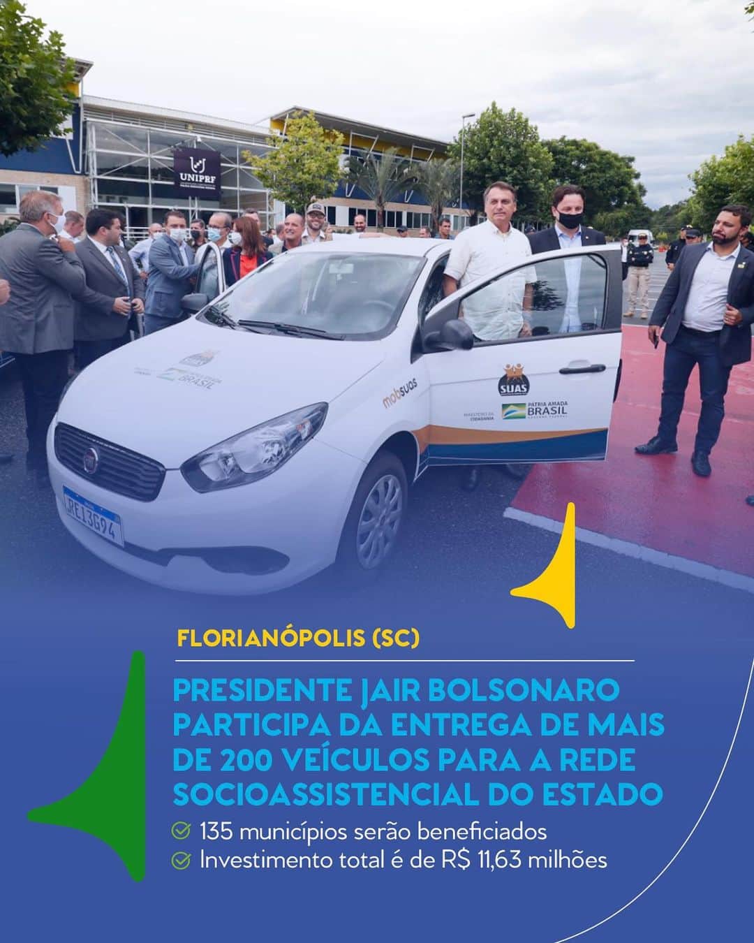 ジルマ・ルセフのインスタグラム：「🇧🇷 O Presidente Jair Bolsonaro e o ministro da Cidadania, Onyx Lorenzoni, participaram, nesta quarta (4), da cerimônia de entrega de 225 veículos de passeios das estruturas de mobilidades dos Sistemas Únicos de Assistência Social (MOBSUAS) de 135 cidades de Santa Catarina.  As entregas representam R$ 11,63 milhões em investimentos. Mais 101 veículos MOBSUAS, sendo 61 carros e 40 micro-ônibus, ainda devem ser entregues, representando um investimento total de R$ 26,4 milhões.  "Esperamos que possamos, cada vez mais, nos aperfeiçoar para bem servir vocês, porque esse é o trabalho de cada político. O que for possível fazermos, com intermédio dos nossos ministros, faremos por vocês", declarou o Presidente. #Planalto #PresidênciadaRepública 📷 Foto: Alan Santos/PR  #PraCegoVer: Na imagem, o Presidente Presidente Jair Bolsonaro aparece ao lado de um carro branco cercado de algumas pessoas. Texto: "Florianópolis (SC). Presidente Jair Bolsonaro participa da entrega de mais de 200 veículos para a rede socioassistencial do estado. 35 municípios serão beneficiados. Investimento total é de R$ 11,63 milhões."」
