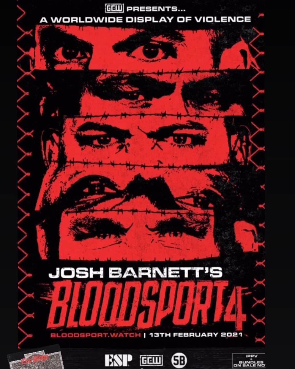 のインスタグラム：「February 13th + 20th BLOODSPORT is back! 🤼‍♂️ 🥊 🤜🤛#bloodsport bloodsport #ProWrestling #GCW @joshbarnettbloodsport @gamechangerwrestling @5bartistsmedia   www.bloodsport.watch for the PPV viewing」