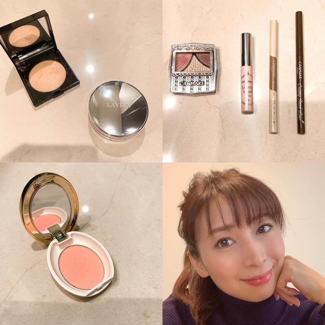 のインスタグラム：「最近購入したコスメ達でメイク😊 美容熱が湧いていて、 基礎化粧品も色々と試していますが、今回はメイクを💖  1枚目左上 LAVIENのラディアンスエッセンスクッション 肌にトントンとスポンジで軽く叩き込んでいくと、 艶が出てきます✨  ローラメルシエ、 マットラディアンスベイクドパウダー 繊細なパールでお上品な艶感が出ます✨ 私は、眉間周辺と鼻筋と頬の高い部分にほんのり入れました✨✨  右上 全てキャンメイクで、 左からジューシーピュアアイズ07、 ボルドーピンクとブラウンでほんのりピンクで使いやすいお色です！ (写真3枚目と4枚目をご参考に)  ライティングリキッドアイズ02 涙袋に付けて立体感を出します。 目元が明るく柔らかい雰囲気になります。  3wayスリムシェードライナー02 涙袋の影に使用しています。 実際の影より少し上に一部分だけ入れて、綿棒でぼかします。 これでより立体感が出ます。 描く位置によっては、疲れてる様に見えるかもなので、 これはなくてもいいと思います（笑）   クリーミータッチライナー02 芯が柔らかくて、スルスルと描けます！ 色味もいい感じ。  左下 ラデュレ、パウダーブラッシュ03 ほんのりピンクで、年代を問わず使いやすいお色で、 細かいパールが入っているのでマットにならないのも良いです😊 (バラの絵柄がパウダーに入っていたけど、使用しているので消えていますw)  リップティントは、 OPERA(ピンクフレイズ)ですが、 これが好き過ぎて何種類かあるので、 またご紹介させてください。  2枚目の写真はこれらのアイテムを使用しています❣️  楽天ルームにもアイテムを載せています。 (インスタグラムプロフィールからリンクをご覧ください)  #ラヴィアン #lavian #ラディアンスエッセンスクッション  #ローラメルシエ #マットラディアンスベイクドパウダー  #キャンメイク #ラデュレ #ラデュレパウダーブラッシュ #オペラリップティント #デパコスとプチプラのコラボ #アラフォー」