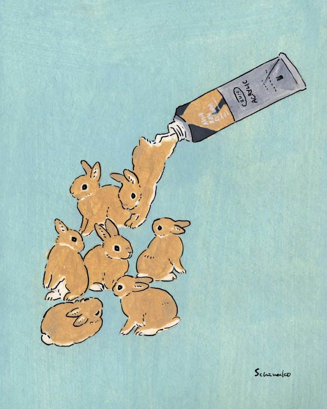 森山標子(しなこ)/Schinakoのインスタグラム：「This picture simply represents my daily life.  I'm putting out a rabbit from the paint everyday😂 Actually, I'm drawing more than usual at work now.  I want to show you soon! この絵は私の毎日を単純に表しています。笑　毎日絵具からうさぎさんを出す日々です。実は今は仕事でいつもよりたくさん描いています。早くお見せしたいです！ * #illustration#art#drawing#design#acrylicpaint#アクリル絵の具#rabbit#bunny#うさぎ」