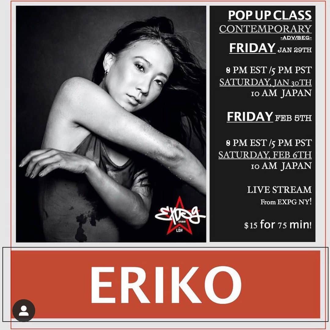 EXILE PROFESSIONAL GYMさんのインスタグラム写真 - (EXILE PROFESSIONAL GYMInstagram)「FRIDAY Feb 5th✨✨✨ 8 pm EST   Contemporary (Adv/beg) with @erikosugimura ✨✨✨✨✨✨✨✨✨✨  You won’t wanna miss her class!! 😍😍😍😍 . 😍😍😍😍😍😍😍😍😍😍  . . 😍😍😍😍👏🏽👏🏽👏🏽👏🏽👏🏽👏🏽 . Registration is open !!! . How to book🎟 ➡️Sign in through MindBody (as usual) ➡️15 minutes prior to class, we will email you the private link to log into Zoom, so be sure to check your email! ➡️Classes will start on time, so make sure you pre register, have good wifi and plenty of space to safely dance! . . Zoom Tips🔥 📱If you plan to use your phone, download the Zoom app for the best experience. 🤫Please use the “mute” button when you are not speaking to prevent feedback. 💃You do not have to join displaying your video or audio, but we do encourage it so teachers can offer personalized feedback and adjustments. . 🔥🔥🔥🔥🔥🔥🔥🔥🔥 . #expgny #onlineclasses #newyork #dancestudio #danceclasses #dancers #newyork #onlinedanceclasses」2月5日 10時04分 - expg_studio_nyc