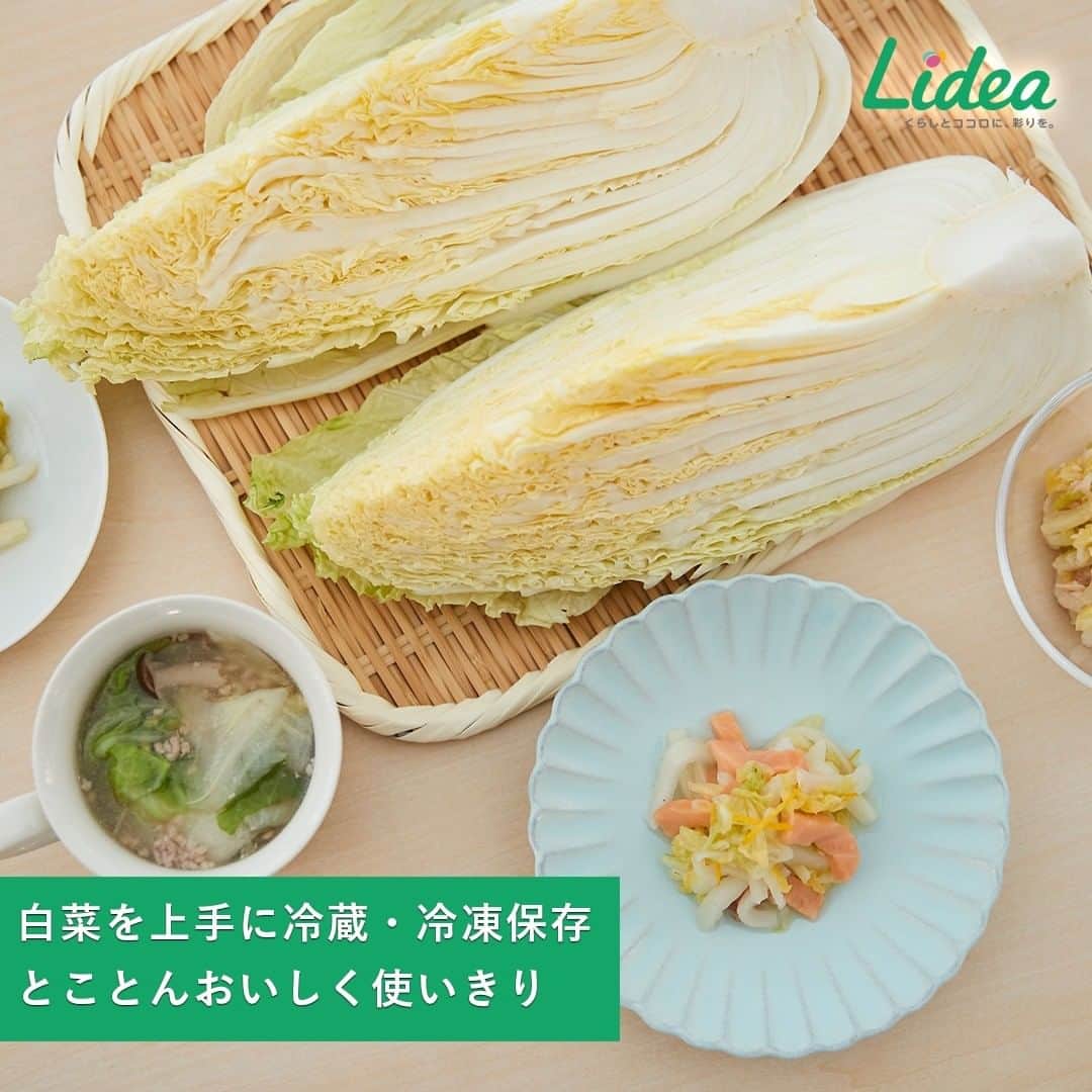 irodori - くらしを彩るウェブマガジン -のインスタグラム：「寒くなるほど甘みが増しておいしくなる「白菜」🌿 でも、一度鍋料理に使って、残ってしまっていませんか😞 ・ そのまま干からびさせてはもったいない！ さまざまな保存方法があるので、 最後までおいしく食べきりましょう☺ ・ 残った白菜の保存方法バリエ 🟢半分または1/4カット：クッキングペーパーで包み、 ジッパー付き保存バッグに入れて冷蔵保存 🟢 1/6カット：干してから冷蔵保存🔆 🟢コンパクトにしたい時： 食べやすい大きさに切り、塩もみして冷蔵保存 🟢中途半端な量や多すぎる量：切ってから冷凍保存🔪 ・ 冷凍した白菜があれば、凍ったまま鍋に入れるだけ♪で スープや鍋物が簡単に作れます🍲 ・ ⚪早うま！「白菜のとろとろ中華スープ」⚪ 1 しめじは小房に分け、しょうがは皮をむいてせん切りする 2 鍋に水とひき肉を入れて肉をほぐし、野菜を入れて煮る 3 冷凍した白菜を加えて煮立てたら、調味料と片栗粉を加え、 とろみをつけて完成 ・ 白菜の保存方法を工夫すると、 長持ちするうえ、レパートリーも増やせますよ❤ ぜひ試してみてください🍴 ・ 生活情報メディア「Lidea」では、 「白菜を上手に冷蔵・冷凍保存！とことんおいしく使いきり！」という記事を紹介しています。 プロフィールのリンクからどうぞ🌼@lidea_lion ・ #Lidea #LION #ライオン #ライオン株式会社 #白菜　#冷蔵保存 #冷凍保存 #料理 #料理好きな人と繋がりたい #おうちごはん  #おうちごはんlover #日々の暮らし #スープ #簡単ご飯 #白菜 #中華スープ #冷凍白菜 #冷凍野菜 #時短 #時短レシピ」