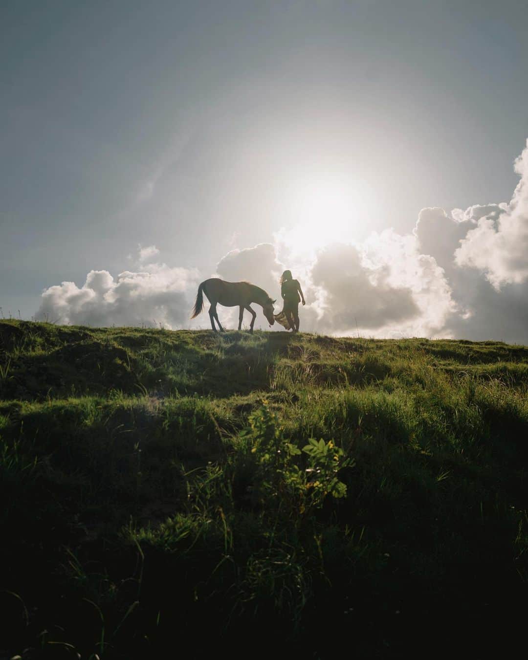 Putri Anindyaのインスタグラム：「Matahari Sumba //   Foto ini diambil oleh Baday @andhikabayu sore itu di Sumba. Di samping baday juga ada teman-teman yang fotoin sambil teriak, “kanan dikit pu!” “liat ke arah kuda dong!”dan gue yang jarang tampil depan kamera memanfaatkan moment tersebut dengan sumringah. Senang sekali punya foto siluet bersama hewan majestic ini di Sumba.   Tepat dua tahun lalu sejak #alphagrammers hunting foto di pulau photogenic tersebut. Moment-momentnya seru semua. Meeting old friends and also from strangers to friends. It was one of the good trip. Ingin diulang tapi moment akan selalu berbeda jadi bisanya ya disyukuri dan dikenang selalu.」