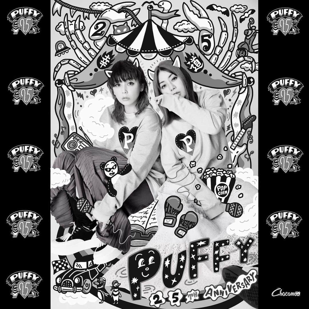chocomooのインスタグラム：「先日の @puffyamiyumi_official youtube配信で発表されましたが、PUFFYさん25周年のキービジュアルを描かせて頂きました❤️🎉 25周年おめでとうございます✨ デビューから永遠に可愛いPUFFYさん🎈🔥 これからも付いてゆきます🦀🐼🛵🐧🍿🥊🏎🏁🎤🎸❤️ @ami_onuki   #PUFFY #PUFFY25周年 #25thAnniversary #ずっと可愛い #ファッションアイコンすぎる #一生推し #Chocomoo」