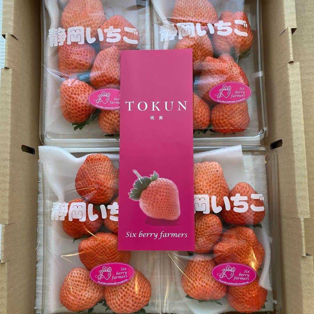 姫野れみのインスタグラム：「#ふるさと納税 楽しみにしてた桃薫が届きました〜🍑 4、5年前に食べてから大好きになった種類♡ 桃やココナッツ、カラメルなような香りのする 希少価値の高い苺です♪  #静岡いちご #いちご #苺 #桃薫」