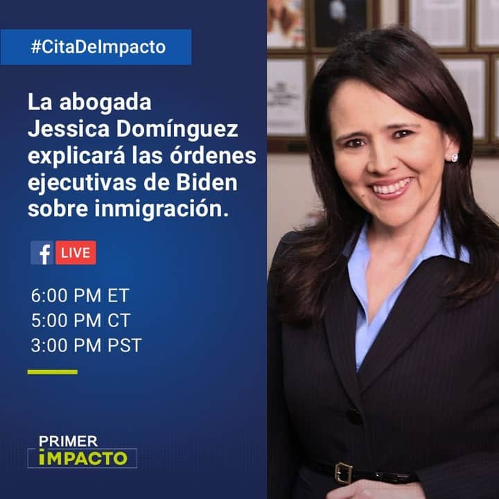 Primer Impactoさんのインスタグラム写真 - (Primer ImpactoInstagram)「En la cuenta de #Facebook de Primer Impacto la @abogadalatina responderá tus preguntas sobre las órdenes ejecutivas de #Biden en materia de #inmigración.   Escribe en los comentarios tus preguntas sobre deportaciones, DACA, Censo, muro fronterizo, naturalización, asilo y reunificación familiar.  A las 6 pm ET / 5 pm CT / 3 pm PST.  #PrimerImpacto.」2月6日 2時49分 - primerimpacto