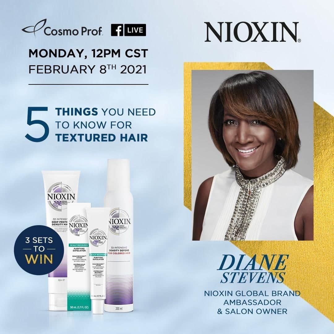 CosmoProf Beautyさんのインスタグラム写真 - (CosmoProf BeautyInstagram)「⁣Better make room on your calendar, you're not going to want to miss this upcoming #FacebookLive 📅⁣⁣ ⁣⁣ ⁣Join us Monday, February 8th at 12 PM CST, for a Facebook Live event with Diane Stevens (@dianecolestevens). Diane will be teaching you the five things you need to know for textured hair using Nioxin products.   Also, there will be a GIVEAWAY during the Facebook Live! Three (3) lucky winners will be randomly selected to win (1) Nioxin Density Defense Foam, (1) Nioxin Purifying Exfoliator and (1) Nioxin Deep Protect Density Mask.  TO WIN: 1️⃣ Like the Facebook Live. 2️⃣ Tag a friend.  3️⃣ Share the Facebook Live.   Giveaway ends 2/9/21 at 12 PST.⁣⁣⁣⁣ MUST be a licensed beauty professional or currently enrolled in cosmetology school to enter⁣⁣⁣.⁣ Must be 18+ or older to enter. ⁣⁣ Winners will be notified via Facebook DM by ⁣⁣⁣Tuesday, February 9th.  ⁣⁣⁣⁣⁣⁣⁣⁣#nioxin #cosmoprofbeauty #licensedtocreate #haireducation #hairtutorials #hairtutorial #naturalhairstylist #curlyhaircare #texturedhairstylist」2月6日 3時00分 - cosmoprofbeauty