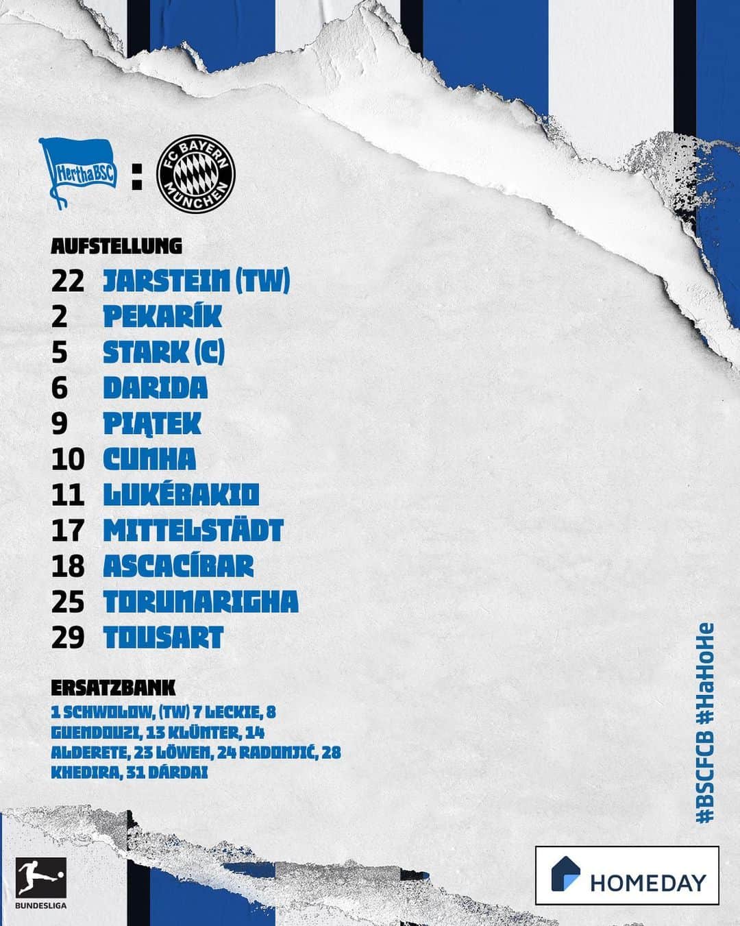 ヘルタ・ベルリンのインスタグラム：「In knapp einer Stunde geht's los! 🤩 Unsere Start-1️⃣1️⃣ für #BSCFCB. 💥 . . #HaHoHe #herthabsc」