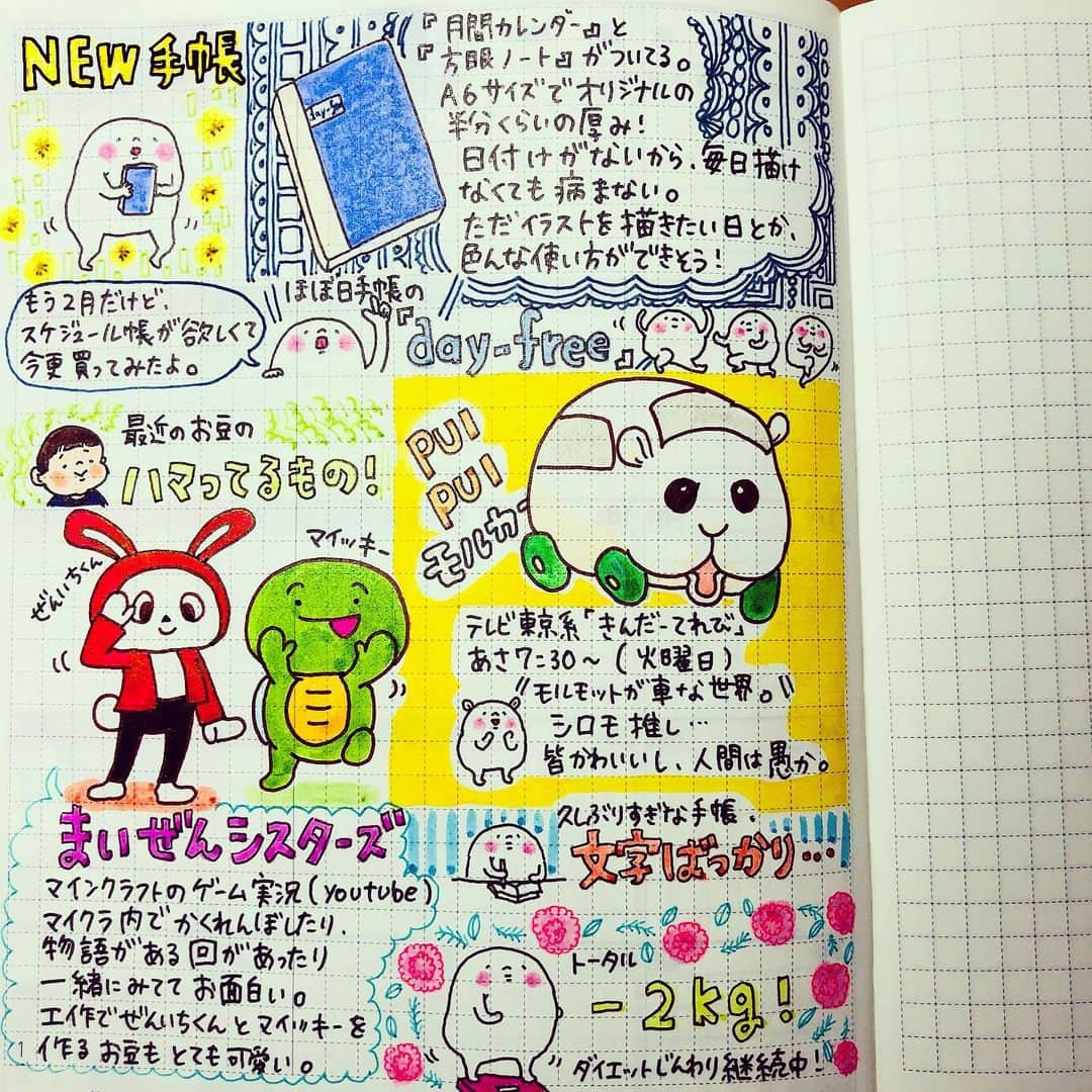 山川あかねのインスタグラム：「お久しぶりの絵日記です。今年はday-freeにしてみました(もう2月だけど) 最近お豆はまいぜんシスターズにハマっていて、イラストを描いたり、アイロンビーズも作っています。凄いのが、なにも見ずに描いたり作ったりしている所。 手帳には好きなステッカーをペタペタ貼りました。 最後のpicはお豆と一緒に工作したダンボール電車です。  #ほぼ日手帳 #お尻絵日記 #まいぜんシスターズ  #モルカー #アイロンビーズ #ダンボール  #イラスト #illustration #アナログイラスト  #銭湯 #サウナ」