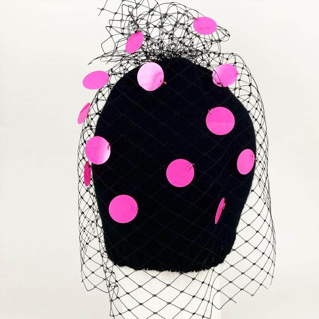 バーンストックスピアーズのインスタグラム：「Working on our collection for AUTUMN WINTER 21. We are super excited about this one. This is an alpaca knitted beanie with a veil and large pink sequins. All our hats are created and crafted in our East London Studio.  To request a look-book please contact showroom@the-alphabet.co.uk  @the_alphabet_london」