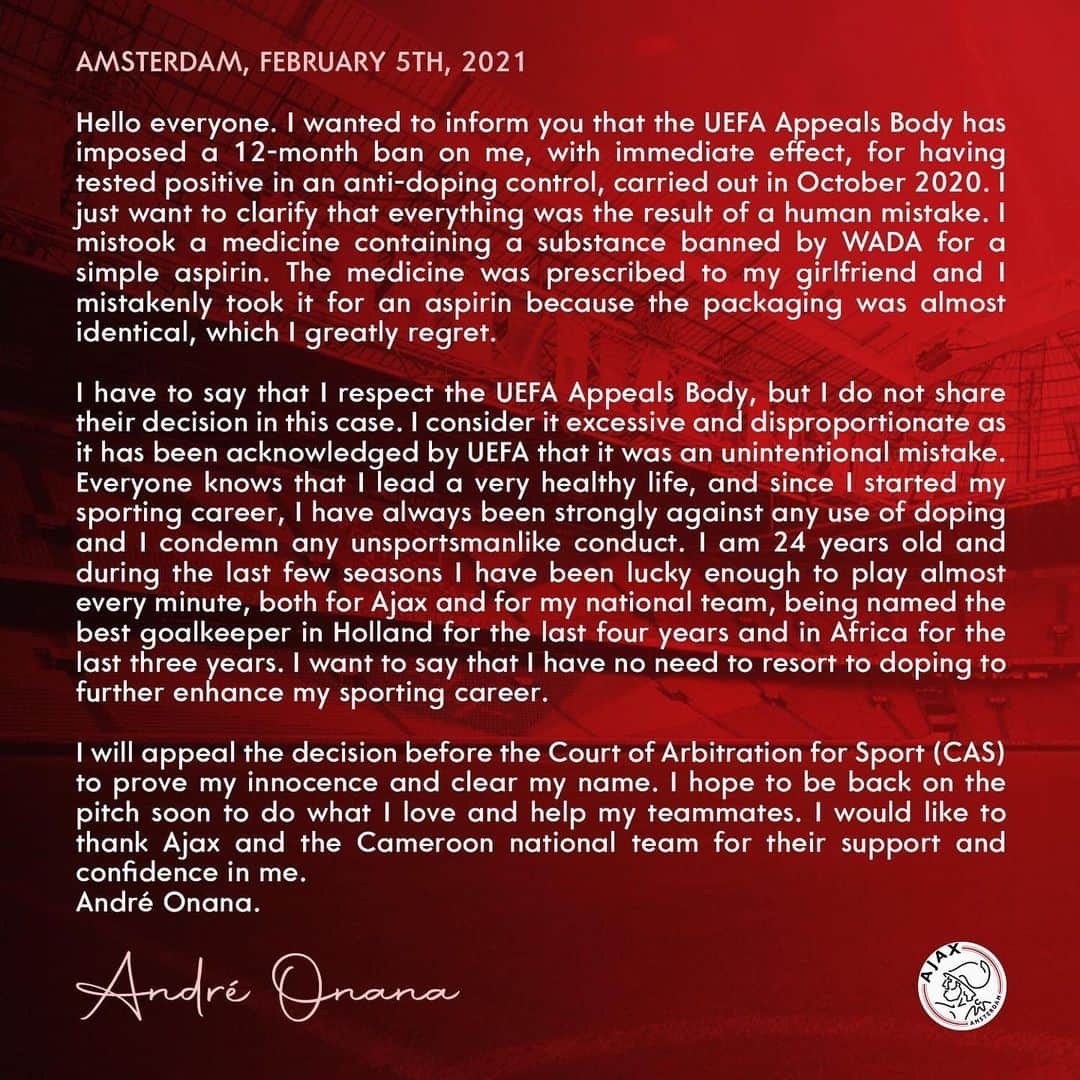 アンドレ・オナナさんのインスタグラム写真 - (アンドレ・オナナInstagram)「Official Statement #AO24」2月5日 20時59分 - andreonana.24