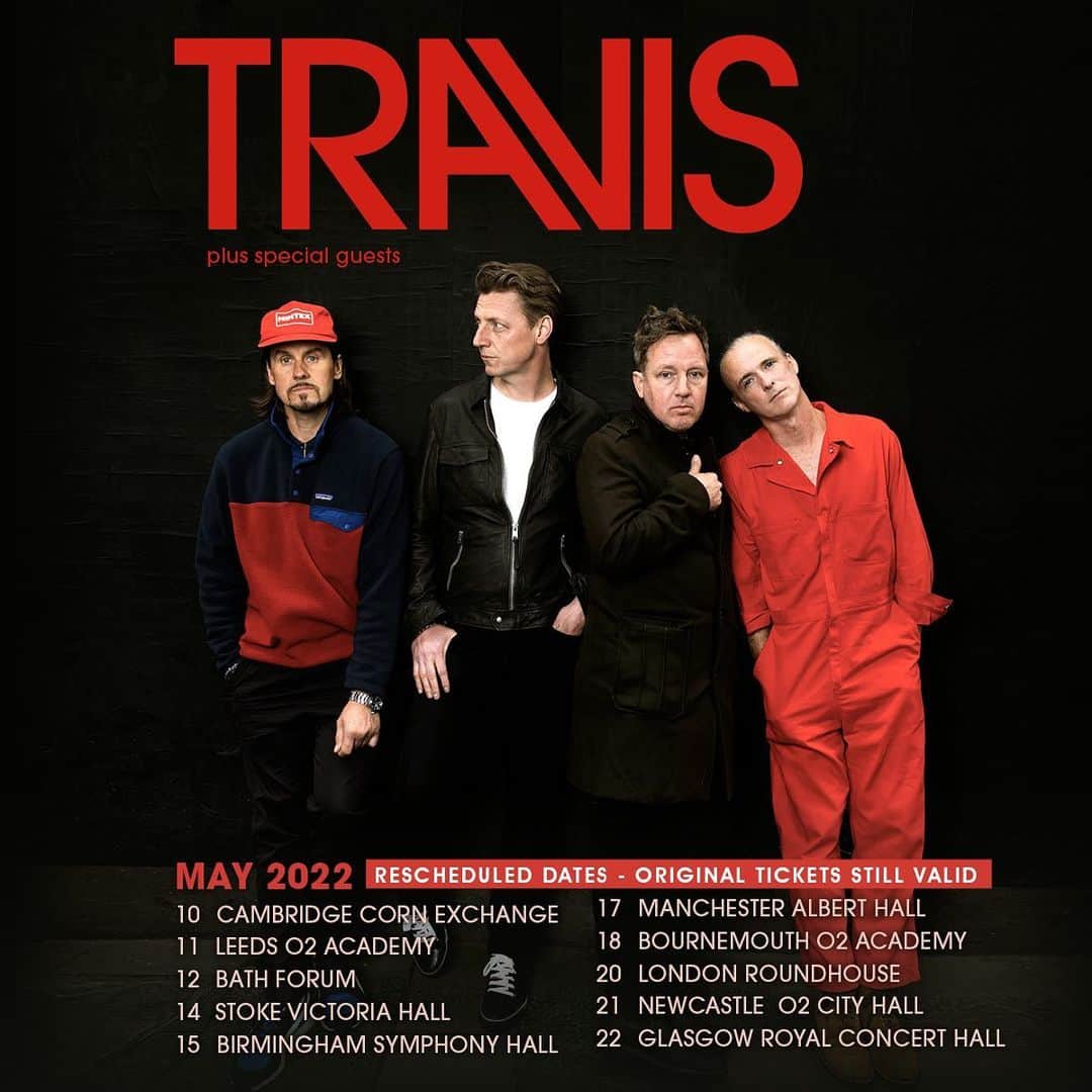 トラヴィスのインスタグラム：「ANNOUNCEMENT - Due to the ongoing Coronavirus outbreak and the government measures implemented to limit its spread, the Travis April - May 2021 shows have been postponed. The rearranged dates will instead take place May 2022. Customers are advised to keep hold of their tickets as they will be valid for the rescheduled dates, for any queries please contact your ticket provider.   Hey Everyone. It's a massive bummer to learn that we are off the road for another year. Even though it's hard to take, it feels like the right thing to do. Feeling safe is the invisible ingredient of going to a gig and without it, the experience would never feel right. We cannot wait till this nightmare is over. We hope you are all doing well. Stay safe, Fran X   Hello from an extremely soggy Glasgow. Hope you’re all well and doing ok under this gigantic pain in the parts that is lockdown. So sorry we’re having to postpone the shows. But obviously it’s the only thing we can do at the moment. It’s beginning to feel like live shows are a myth handed down by previous generations, but I know we’ll all be back in a room together making a lot of noise and having a lot of fun as soon as we possibly can. In the meantime stay safe, stay kind and stay curious. Love Dougie X   Me and the guys are desperate to play for you all right now - We just have to wait longer - It will be amazing when it finally happens and we can all get together safely. Thanks to all our fans and supporters for being patient. Nxxx   I’m absolutely heartbroken that we have to reschedule, I’m sure like many of you it was my light at the end of the tunnel, but first and foremost we must make sure that the shows are safe and also, hopefully by that time free of any restrictions so we can have the biggest party ever! Andy xx    Tickets available see link in bio ☝🏻」