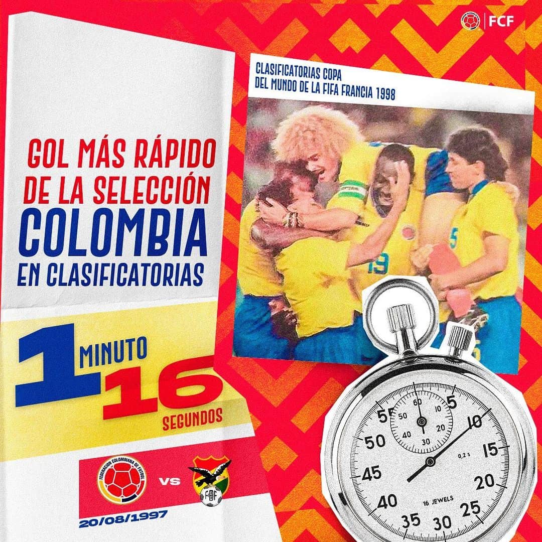 サッカー コロンビア代表チームのインスタグラム：「#DatoSelecciónColombia  El gol más rápido de nuestra Selección Colombia por clasifcatorias a la Copa Mundial de la FIFA, fue anotado por Anthony de Ávila 🆚 🇧🇴 en 1997  #VamosColombia 🇨🇴」