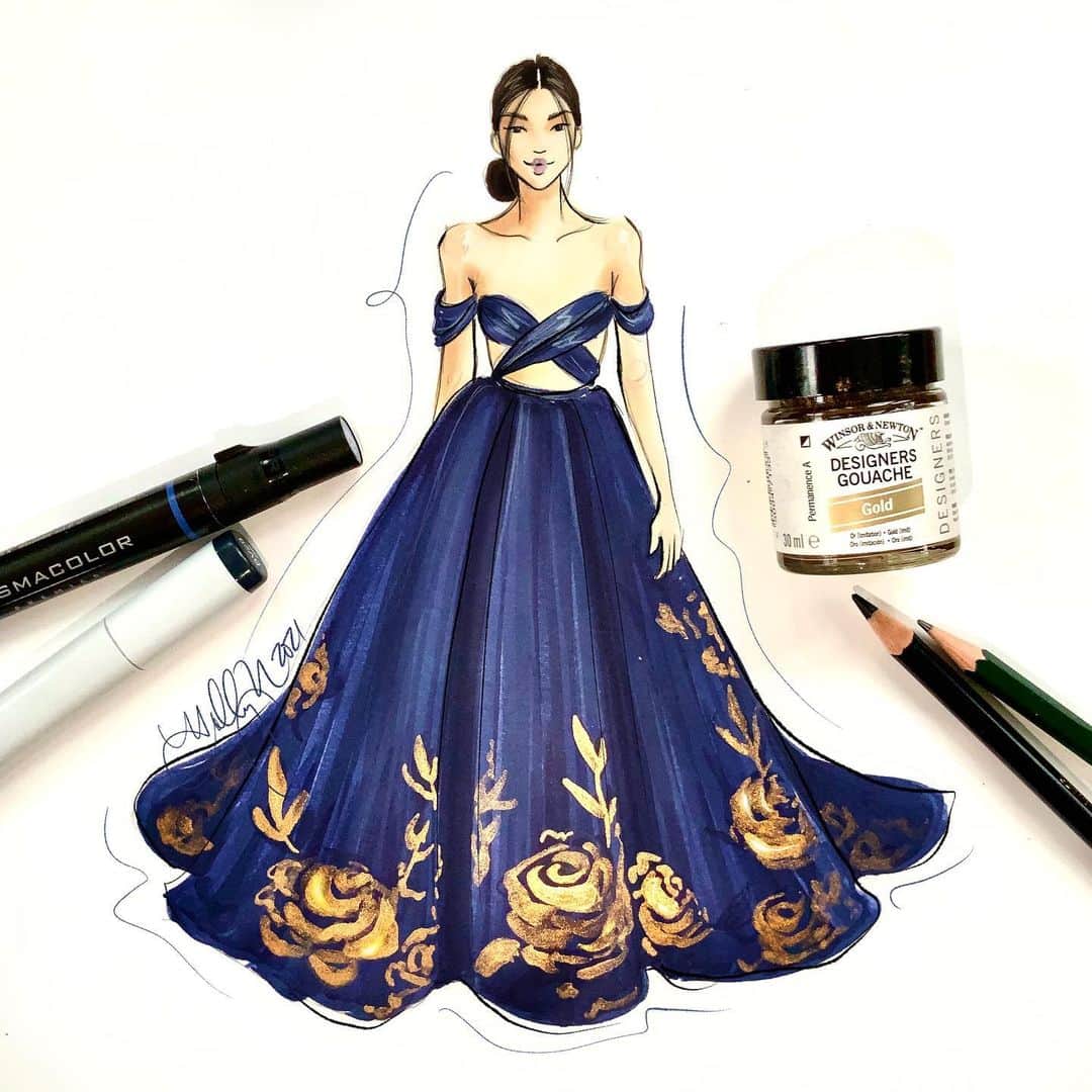 Holly Nicholsさんのインスタグラム写真 - (Holly NicholsInstagram)「Navy and gold 😍. Tutorial and tools used up in my story/highlights! I hope you’ve been enjoying these tutorials! More exciting news with learning opportunities soon ☺️#couture #coutureillustration #fashionillustration #fashionsketch #fashionillustration #copicmarkers #copic #copicart #prismacolor」2月5日 22時50分 - hnicholsillustration
