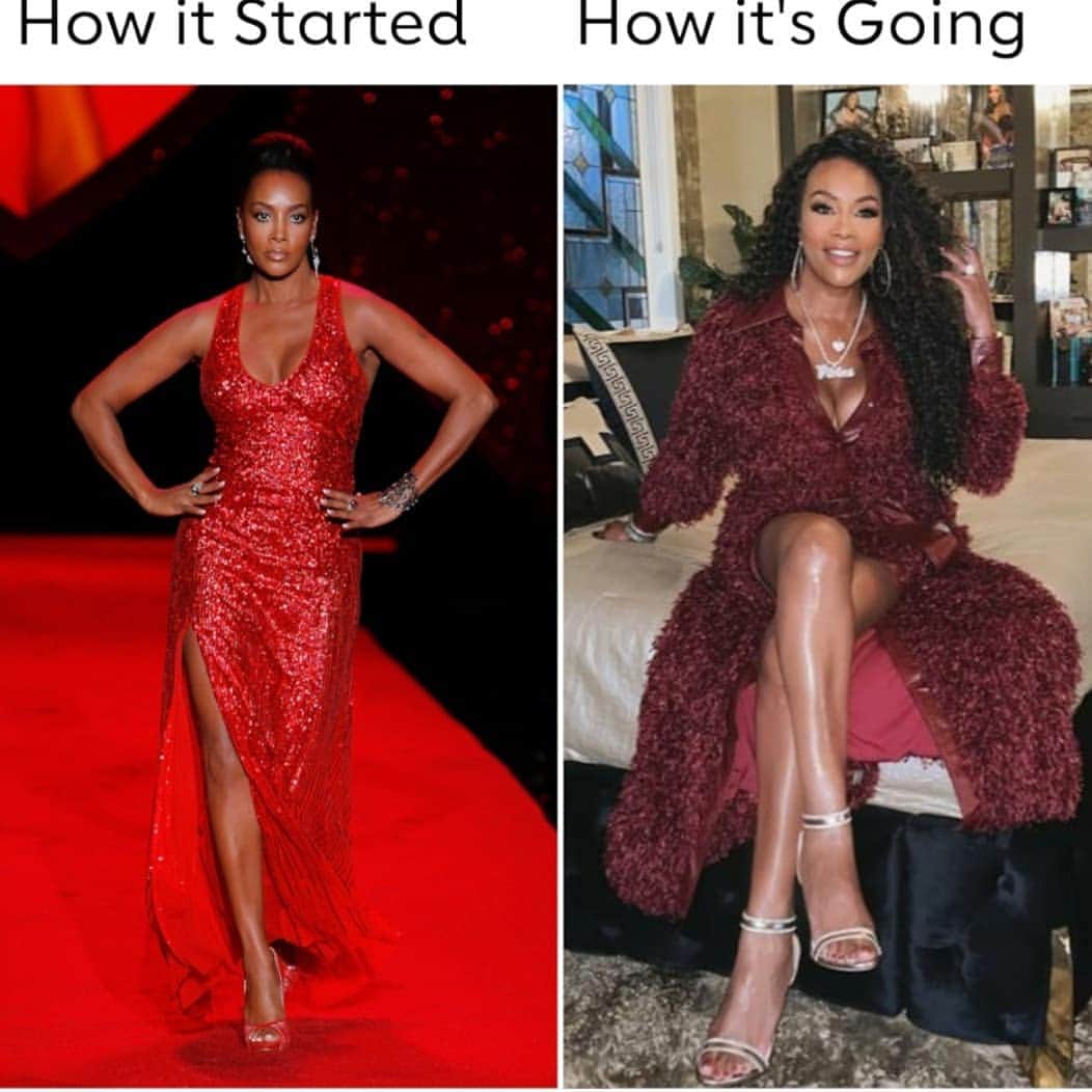 ヴィヴィカ・A・フォックスのインスタグラム：「TGIF Dawlings! PROUD to join da FABULOUS @GoRedForWomen American Heart Association "How It Started How It's Going" movement! Ladies take good care of you & ya HEART! In 2009 I RIPPED the runway rocking @jennypackham gown Makeup & Hair @daryonhaylock In 2021 rocking @bellofcalifornia dress @jimmychoo pumps @bigothejeweler Vivica necklace @simoneismithjewelry hoops Makeup & Pix @chrisamore_ Hair @kenyaonhair #LifeIsGood #GodIsGood #Blessed #Respect #GurlPower #VivicaFoxHair #TeamVivica #TeamFox #MyGrindDontStop #LegitimateCareer #BossMoves #LoveWins #ClassicBadChicks 🤗💖🖤❤👸🏾」