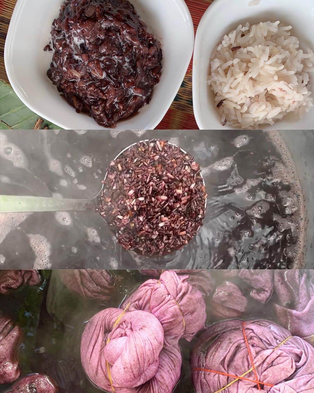 Amata Chittaseneeさんのインスタグラム写真 - (Amata ChittaseneeInstagram)「My first workshop in the middle of rice field 🌾 #Buriram #Thailand is known for their delicious black organic rice 🍚 we exchanged our knowledges on dyes and experimented dyeing with black rice! It has been such a wonderful happy day 😊 สนุกมาก ได้แลกเปลี่ยนความรู้เต็มๆ เรียนรู้เรื่องการปลูกข้าวแบบอินทรีย์ การอยู่ร่วมกันของชุมชนที่ดูแลธรรมชาติ การใช้สีท้องถิ่นจากต้นเพกา มะม่วงแก้ว ทดลองย้อมสีจากข้าวมะลินิลสุรินทร์ที่ให้สีออกม่วงๆเทาๆ ☺️ วันนี้ดีใจที่ได้เป็น ส่วนหนึ่งในการส่งต่อความรู้เรื่องการมัดย้อมเสื้อยืด การนึ่งสี และการลอกลายใบไม้ค่ะ  #naturaldye #ecoprint #bundledye #naturalcolor #pearypiegoesgreen #pearypiesmileycamp #pearypieamazingthailand」2月5日 23時35分 - pearypie