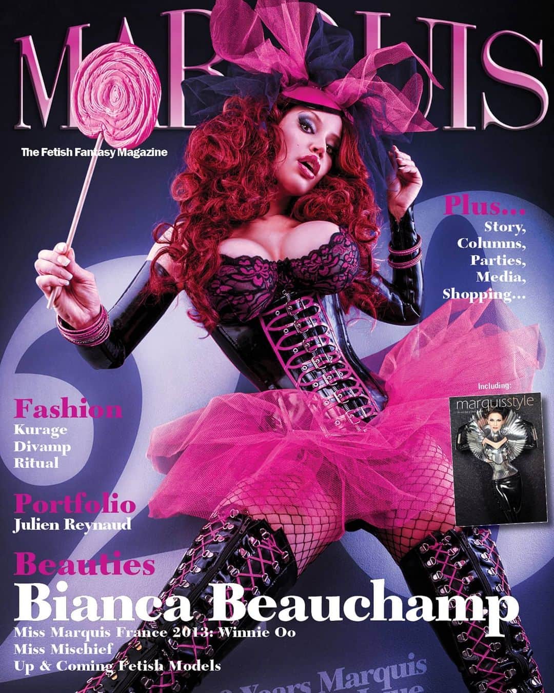 ビアンカ・ボーチャンプのインスタグラム：「My favorite @marquismagazine  #cover because it was so playful and festive and I loved the color arrangement editor @peterczernich had done. Plus, THIS #corset and THESE #boots! ➡ Scroll right to see the CURRENT issue of #Marquis on which I make a return in #splashpaint ♥ (visit their profile to get your copy) #magazine #print #carnival #playful #bighair #lollipop」