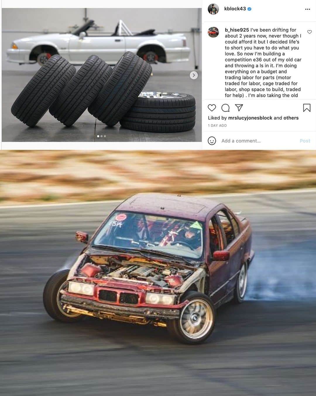ケン・ブロックのインスタグラム：「We got a winner of the @ToyoTires grassroots contest! Congratulations to Brian Hise and his newly LS swapped BMW E36. Brian won four @ToyoTires Proxes Sport A/S tires to slay at his next drift event. Thanks, Toyo for hooking up one of my fans through this contest! #ToyoTires」