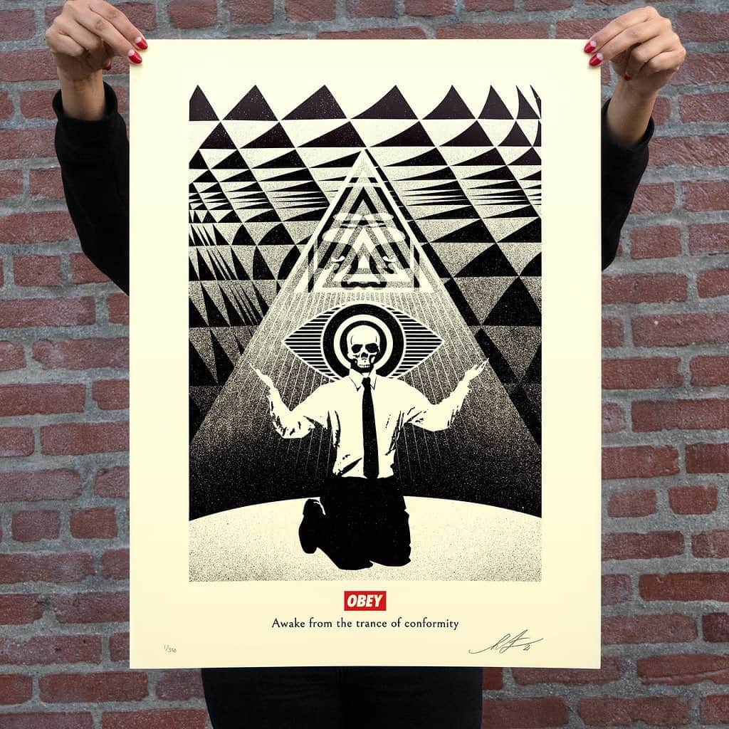 Shepard Faireyのインスタグラム：「OBEY CONFORMITY TRANCE (TWO COLORWAYS) AVAILABLE TUESDAY, FEBRUARY 9TH!  Conformity: Action in accordance with some specified standard, social custom, or authority.  Trance: a sleep-like state usually characterized by partly suspended, diminished, or absent sensory and motor activity.  Obey as a pseudo-command in my art has always been a form of reverse psychology. My philosophy is actually “question everything”. Conformity is often more unconscious than conscious… an adaptation to structures we may not agree with and a submission to unseen forces of manipulation,.. unseen because our eyes and minds are not open wide enough. People come up with conspiracy theories like “the Illuminati” to explain the feelings that they are cogs in someone else’s machine, but the deconstruction of power and control requires nothing more than a conscious and diligent examination of how power and influence upon the government accumulate and concentrate under capitalism. Campaign finance reform is a great way to remove the corrupt influence of capitalism from government and make democracy work for an informed populace, which is why a portion of the proceeds from these prints will benefit @representus. -Shepard  Obey Conformity Trance Black. 18 x 24 inches. Screen print on thick cream Speckletone paper. Signed by Shepard Fairey. Numbered edition of 350. $55. Proceeds go to @representus. Available on Tuesday, February 9th @ 10 AM PT at https://store.obeygiant.com/collections/prints. Max order: 1 per customer/household.  International customers are responsible for import fees due upon delivery.⁣ Shipping may be delayed due to COVID19. ALL SALES FINAL.  Obey Conformity Trance Red. 18 x 24 inches. Screen print on thick cream Speckletone paper. Signed by Shepard Fairey. Numbered edition of 350. $55. Proceeds go to @representus. Available on Tuesday, February 9th @ 10 AM PT at https://store.obeygiant.com/collections/prints. Max order: 1 per customer/household. International customers are responsible for import fees due upon delivery.⁣ Shipping may be delayed due to COVID19. ALL SALES FINAL.」