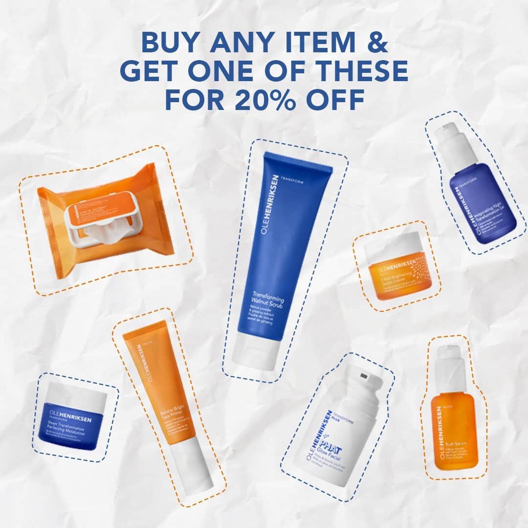 のインスタグラム：「Take twenty and glow plenty ✨✨✨ Buy any item on OLEHENRIKSEN.com and get one the products pictured above for 20% off ⬆️😍 Which one are you stocking up on? --- Eligible items for 20% off are: - Phat Glow Facial - C-Rush Brightening Double Crème - Transforming Walnut Scrub - Banana Bright Face Primer - Truth On The Glow Cleansing Cloths - Truth Serum - Sheer Transformation Perfecting Moisturizer - Invigorating Night Transformation Gel」