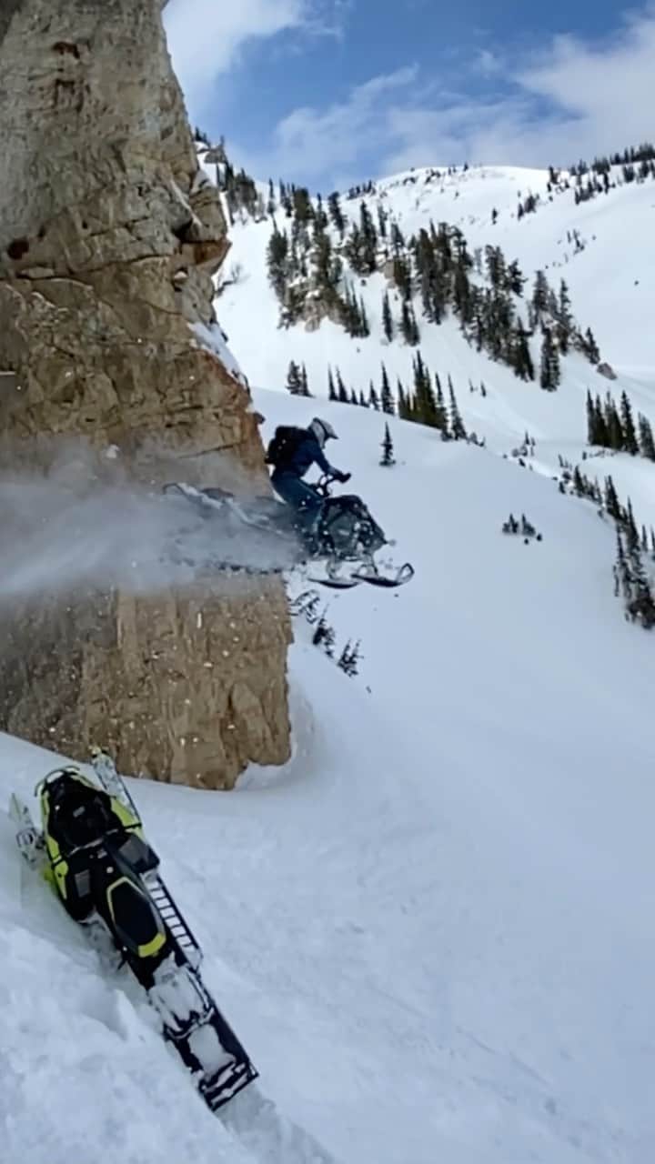 ケン・ブロックのインスタグラム：「This is definitely something I have never witnessed in my four decades of adventuring in the mountains: a snowmobile jumping out of a cave!! Bonus points for jumping over another snowmobile. Ha. Nice one, @JayMentaberry411 (on a @SkiDoo Summit Turbo).」