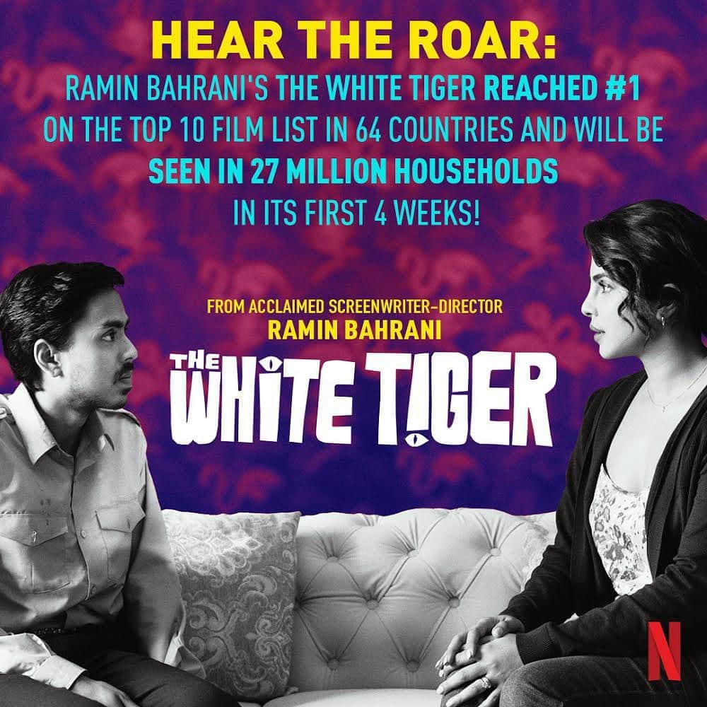 プリヤンカー・チョープラーのインスタグラム：「It’s so emotional for me to see the discovery and acceptance of this brilliant incredible story. The White Tiger being embraced by audiences all over the world is awe inspiring. Congrats and thank you to Aravind, Ramin, Adarsh, Raj, Mukul, Ava and everyone involved. Thank you Netflix for giving our little movie wings.  #grateful」